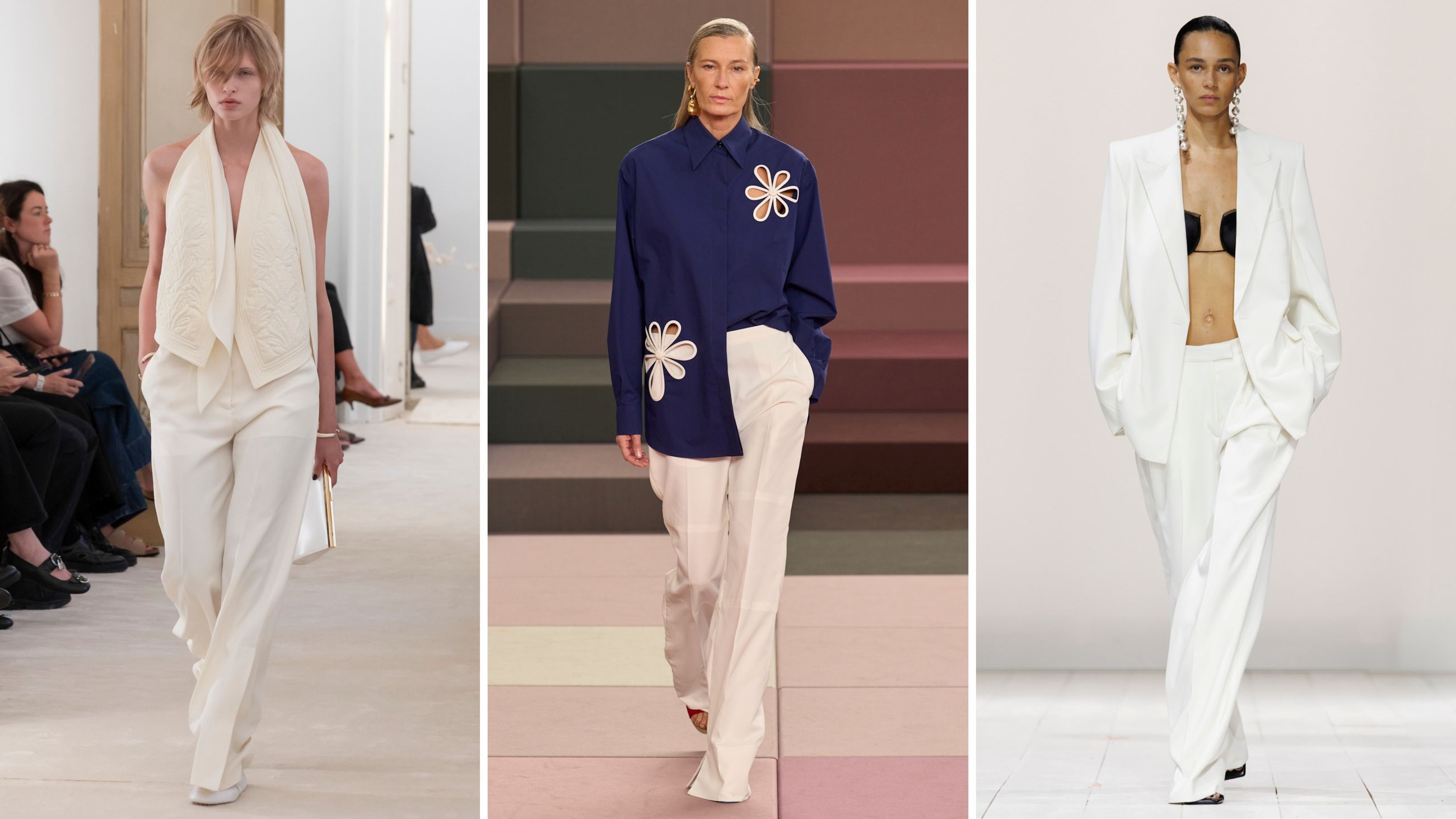Linee classiche e allure maschile: i pantaloni dal taglio sartoriale dettano tendenza anche bianchi e leggeri. Dalle passerelle PE26: da sinistra outfit Alberta Ferretti; Fendi; Givenchy - Credits: Launchmetrics.com/Spotlight