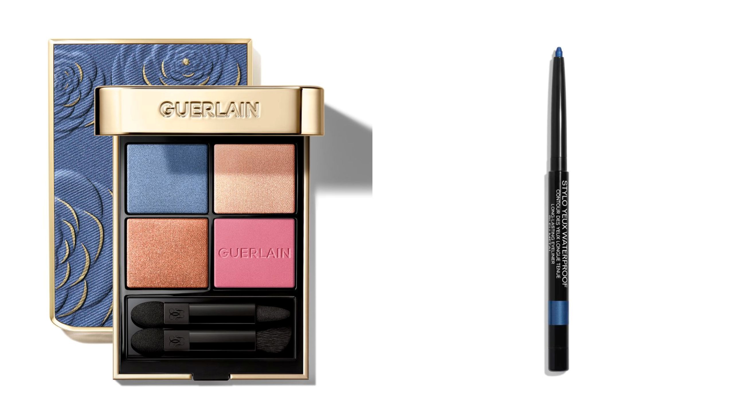 Guerlain, Ombres G Denim Blossom Palette; Chanel, Stylo Yeux Bleu Métal - Credits: Courtesy Press Office