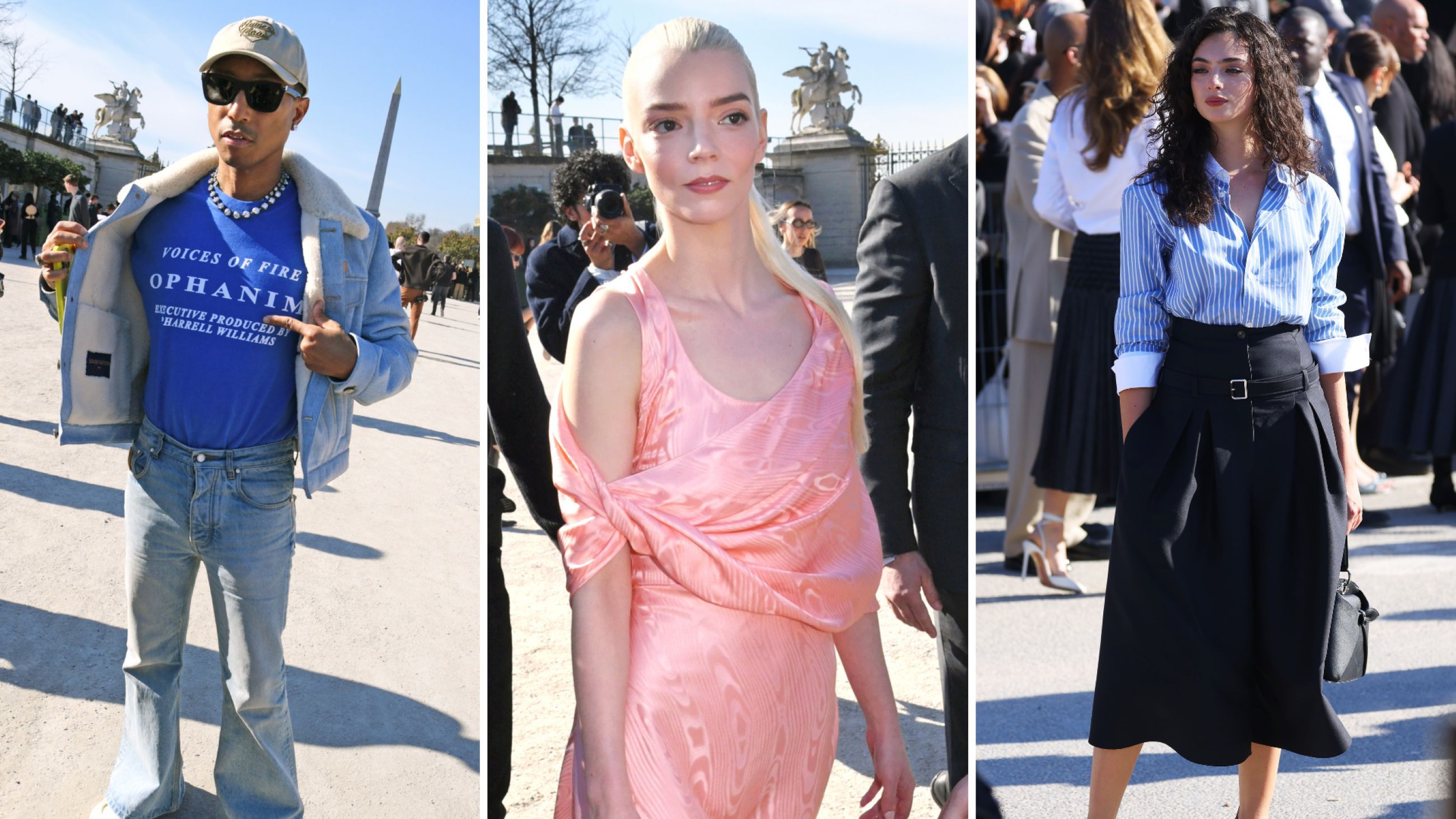 Da sinistra: Pharrell Williams; Anya Taylor Joy; Deva Cassel - Credits Getty Images