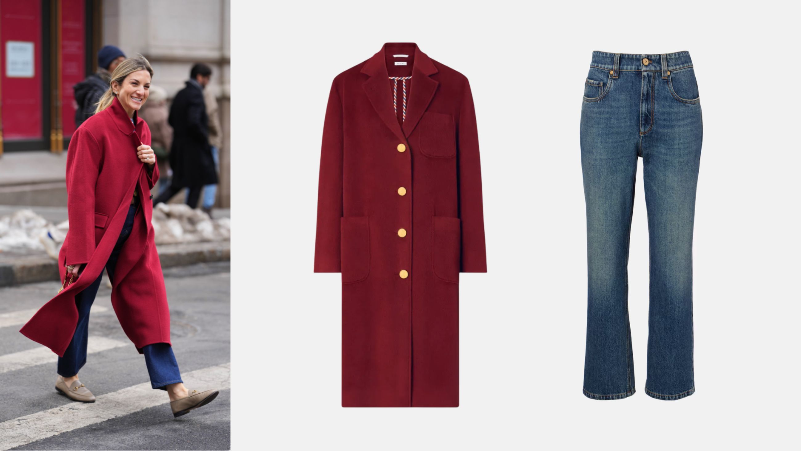 Da sinistra: Credits Getty Images; Cappotto Thom Browne; Jeans Brunello Cucinelli