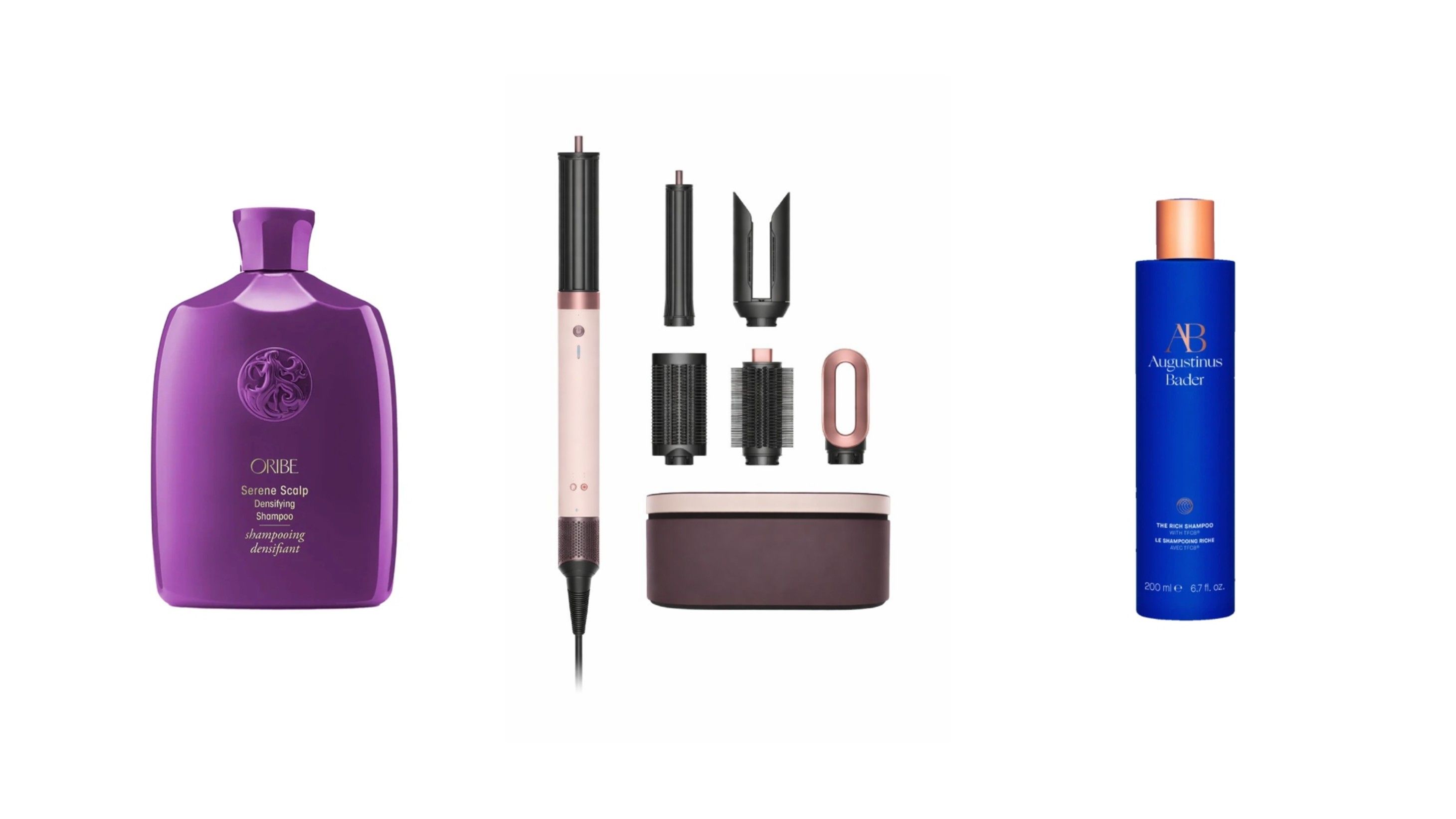 Da sinistra Oribe, Sisley Hair Rituel; Dyson Airwrap Coanda 2; Augustinus Bader Haircare 