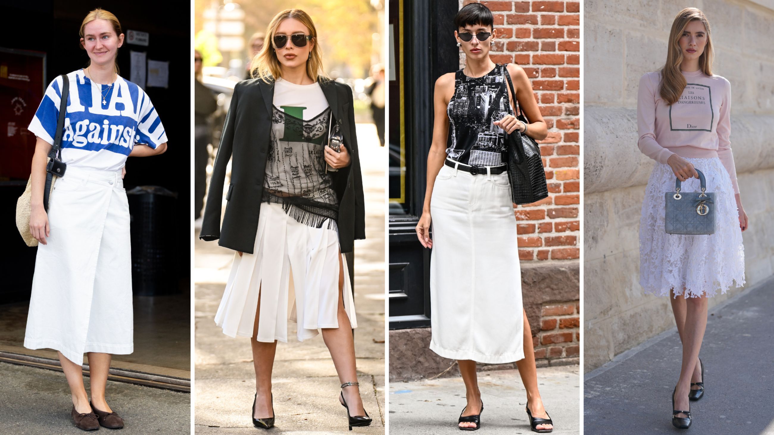 Da sinistra: Street Style alla fiera vintage East Market a Milano, 2025; Street Style durante la Moda Donna Primavera Estate 2026 come parte della Settimana della Moda di Parigi; Katya Tolstova a New York City, 2025; Zita D'Hauteville durante la Paris Fashion Week - Collezione Donna Primavera Estate 2026 - Credits Getty Images