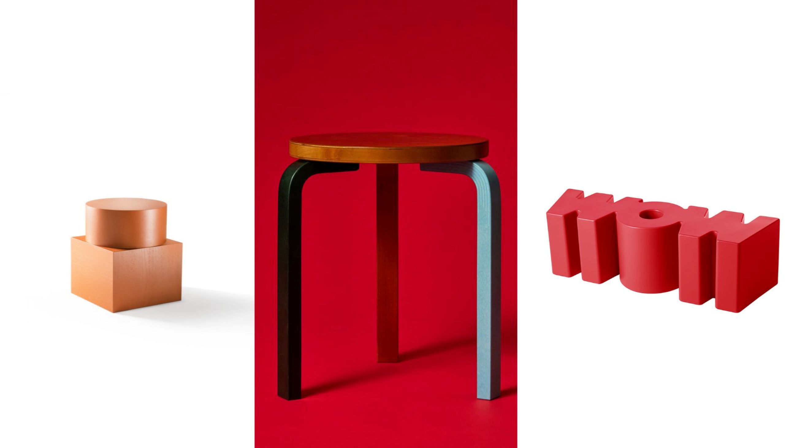 Da sinistra: Tavolini Zymmo, Christian Woo per Zanotta. Courtesy Zanotta; Panchina WOW, Kazuko Okamoto per Slide. Courtesy Slide; Stool 60, Alvar Aalto reinterpretato da Paul Smith per Artek - Courtesy Artek 