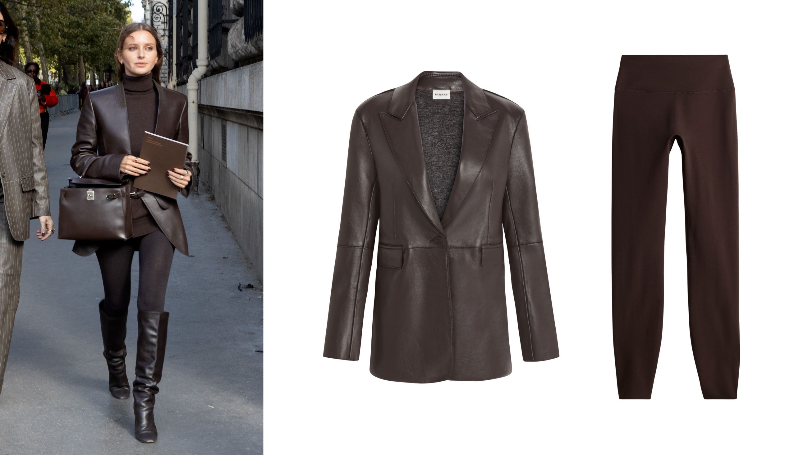 Da sinistra: Street style - Credits: Getty Images; Blazer Oltre, leggings Calzedonia