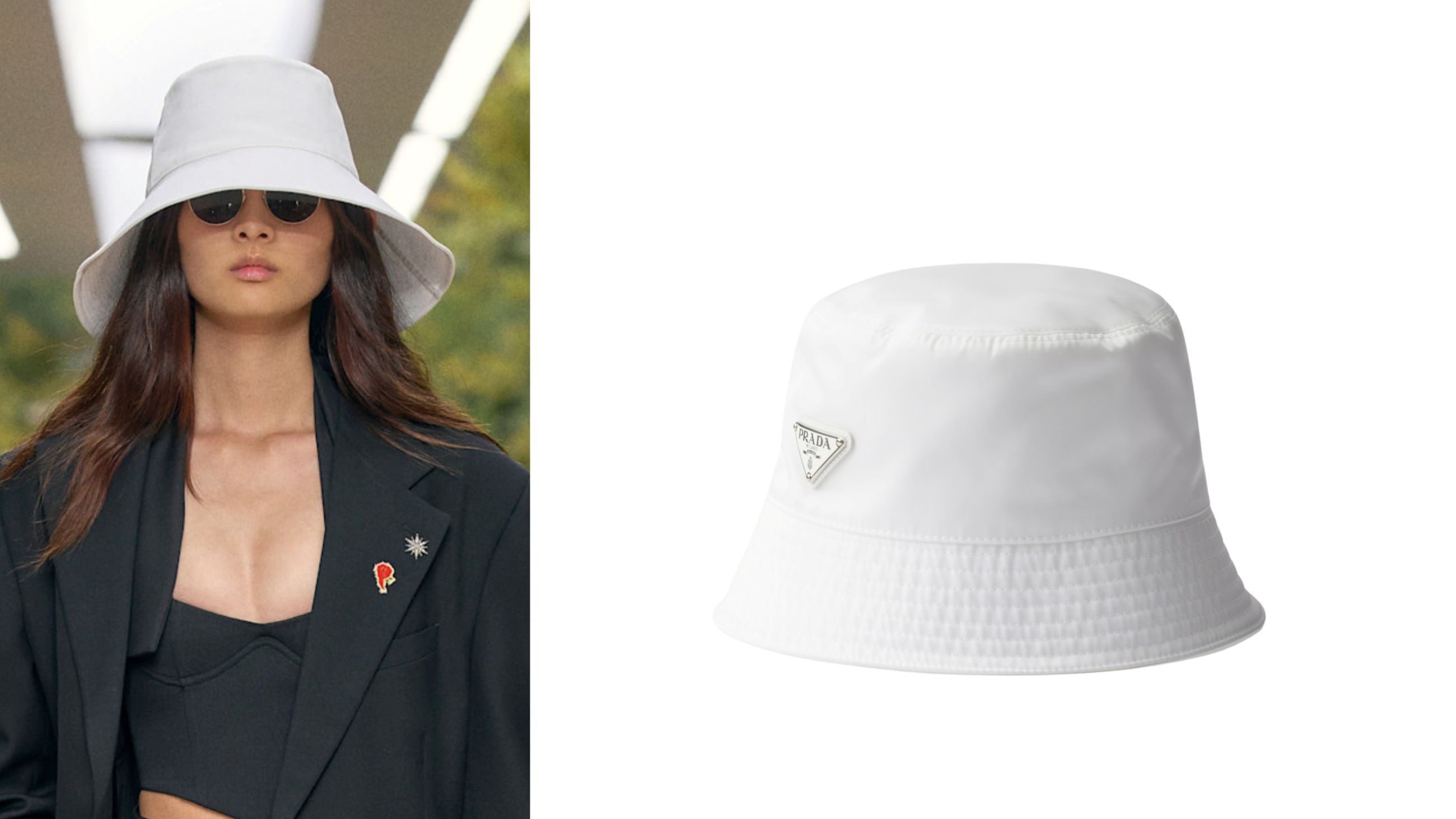 Da sinistra: Celine, sfilata PE26 - Credits: Launchmetrics.com/Spotlight; bucket hat, Prada