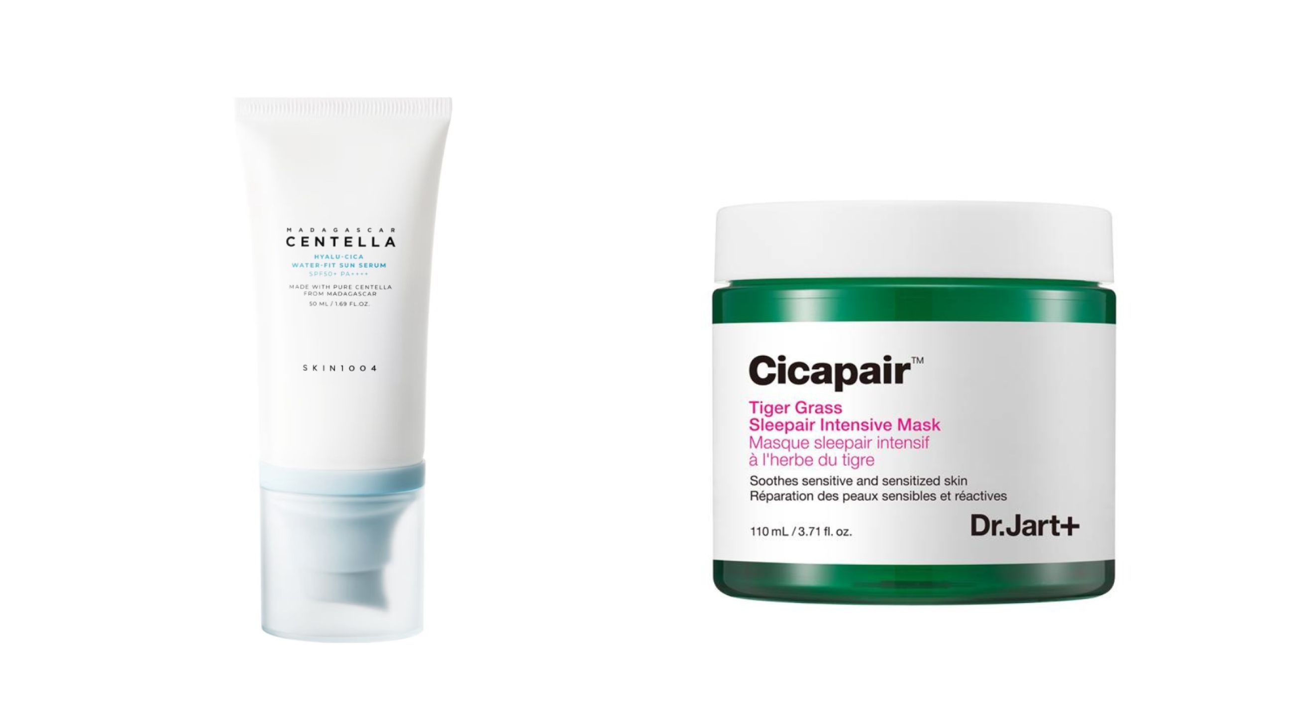 A sinistra: Skin1004, Madagascar Centella Hyalu-Cica Water Fit Sun Serum; A destra: Dr.Jart+, Tiger Grass Intense Repair Mask - Courtesy Press Office