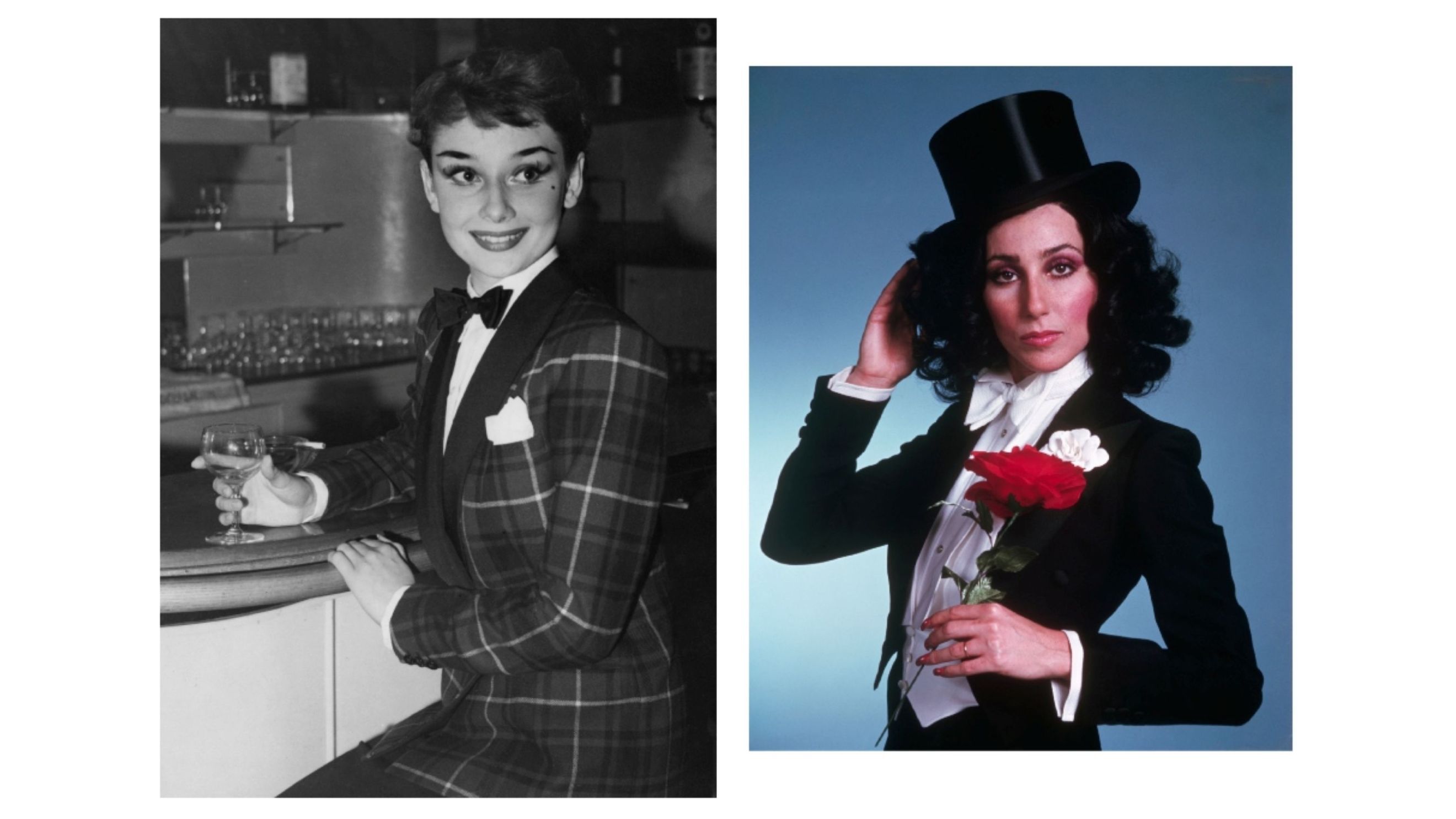 L’attrice Audrey Hepburn durante una cena nel West End di Londra: il suo look è raffinato come sempre e in questo caso gioca sui tagli maschili tra una giacca in tartan ed un papillon nero; 3 ottobre 1950 - Credits: Getty Images