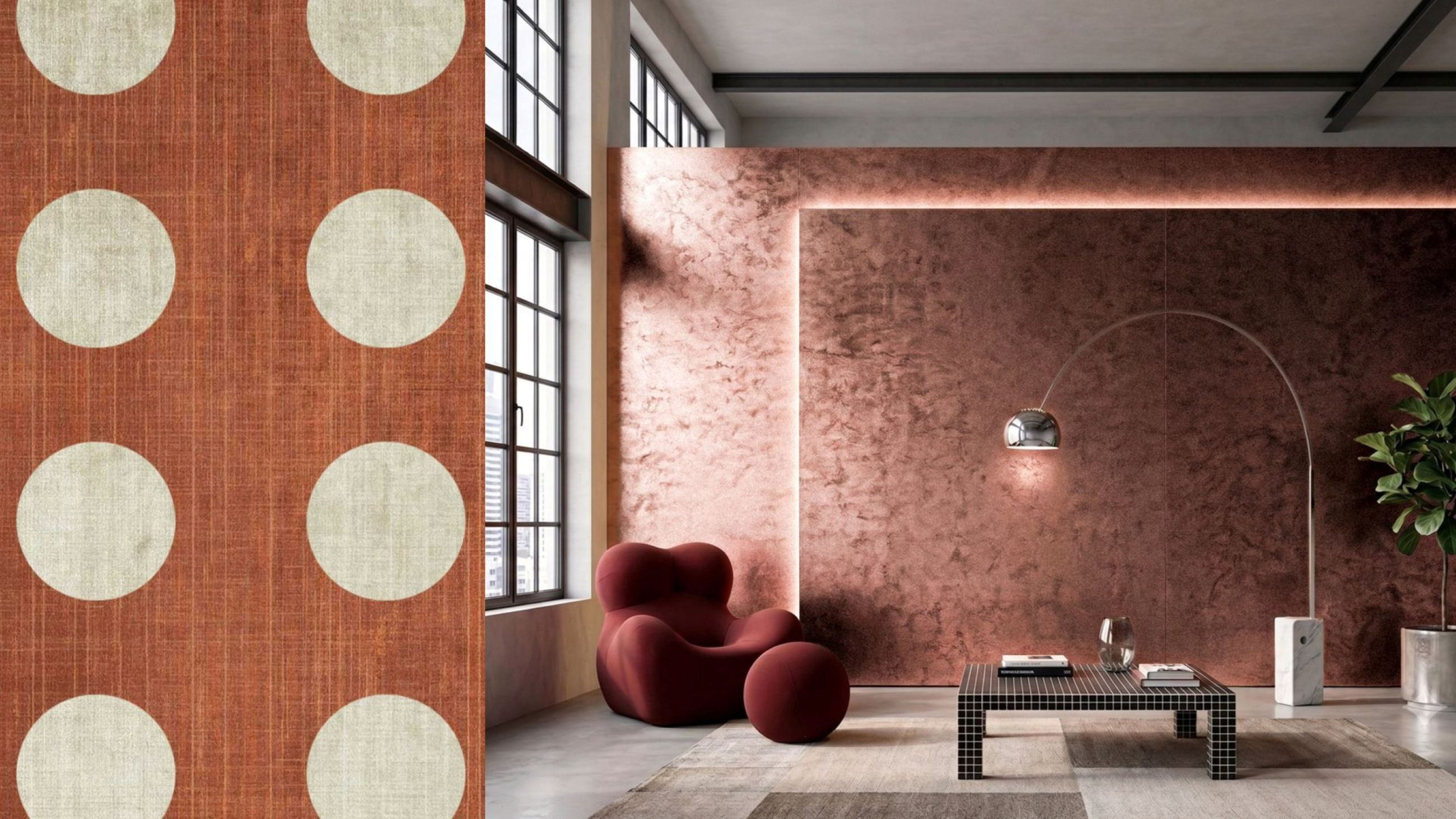 Carta da parati Electricity di Studio Chiara Caberlon per SpaghettiWall; Rivestimento Africa (finitura Copper Motion Trend) di Novacolor - Credits: Courtesy SpaghettiWall; Courtesy Novacolor