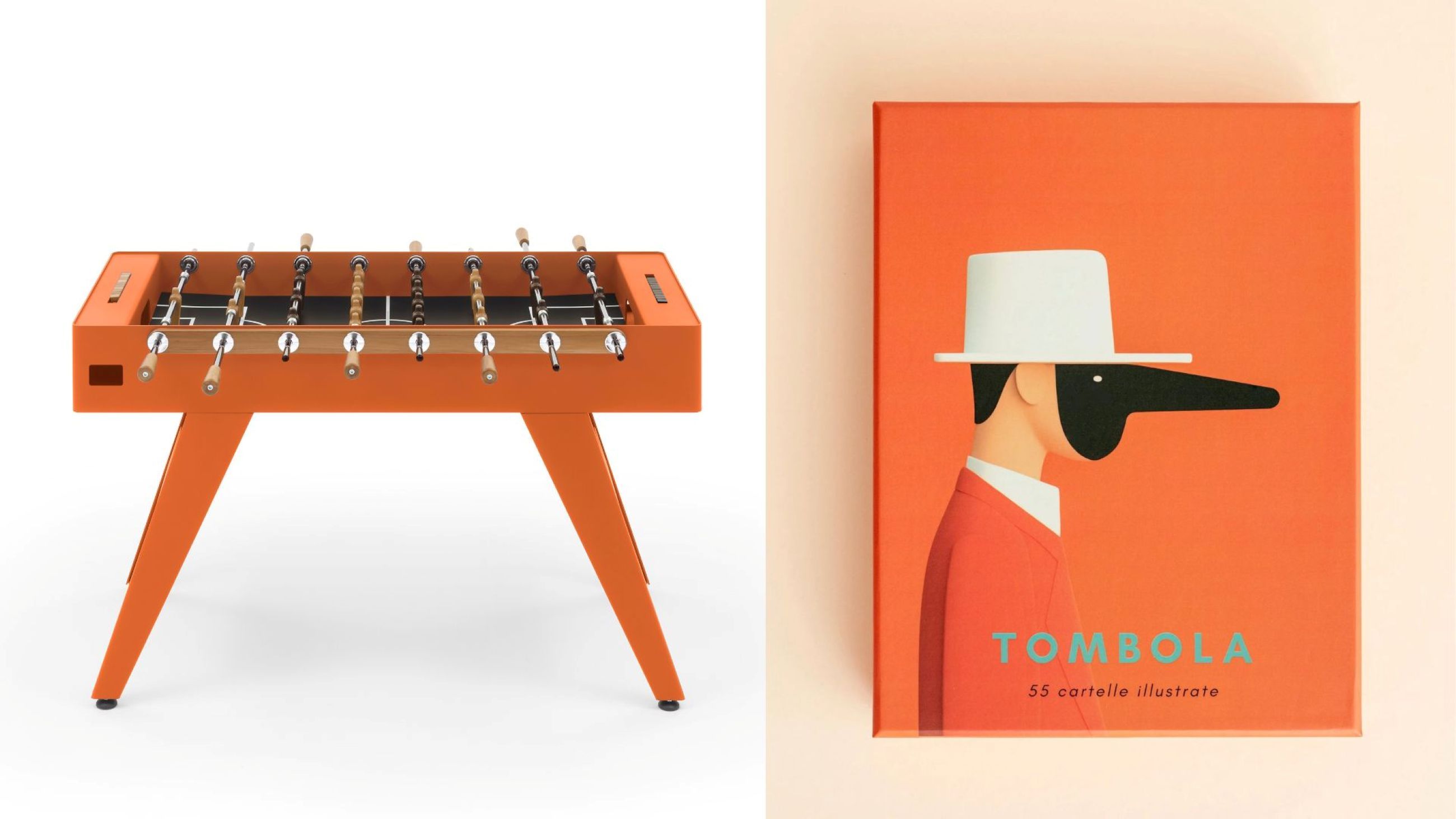 Da sinistra: Calciobalilla Boss, FAS Pendezza. Courtesy FAS Pendezza; Tombola Illustrata, No Museum Needed - Courtesy No Museum Needed 