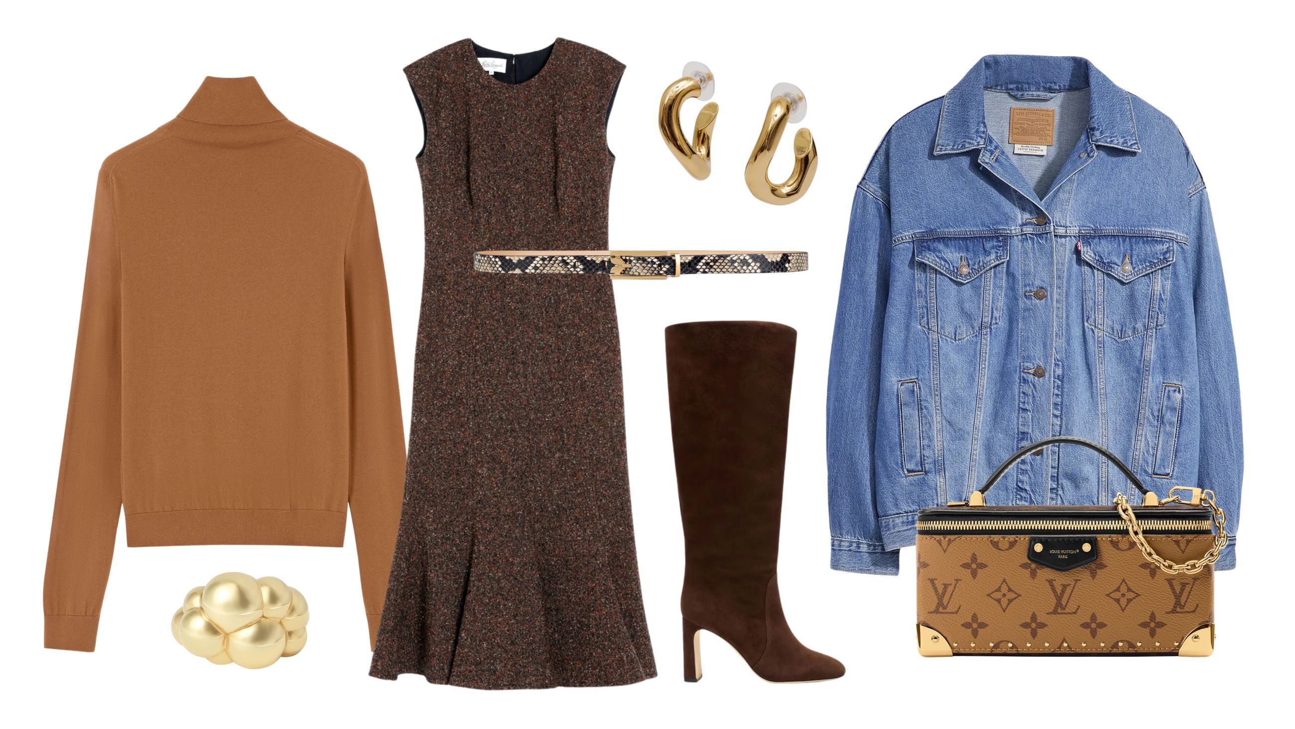 Dolcevita, Loro Piana; abito, Luisa Spagnoli; cintura, Victoria Beckham; giubbotto di jeans, Levi’s; stivali, Stewart Weitzman; borsa, Louis Vuitton; orecchini, Isabel Marant; anello, Jessica McCormack