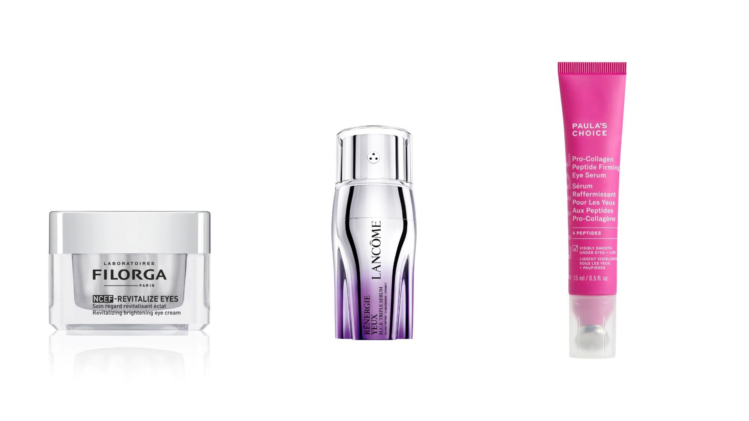 Filorga, NCEF-Revitalize Eyes; Lancôme, Rénergie Yeux H.C.F. Triple Serum; Paula's Choice, Pro-Collegen Peptide Firming Eye Serum - Courtesy Press Office