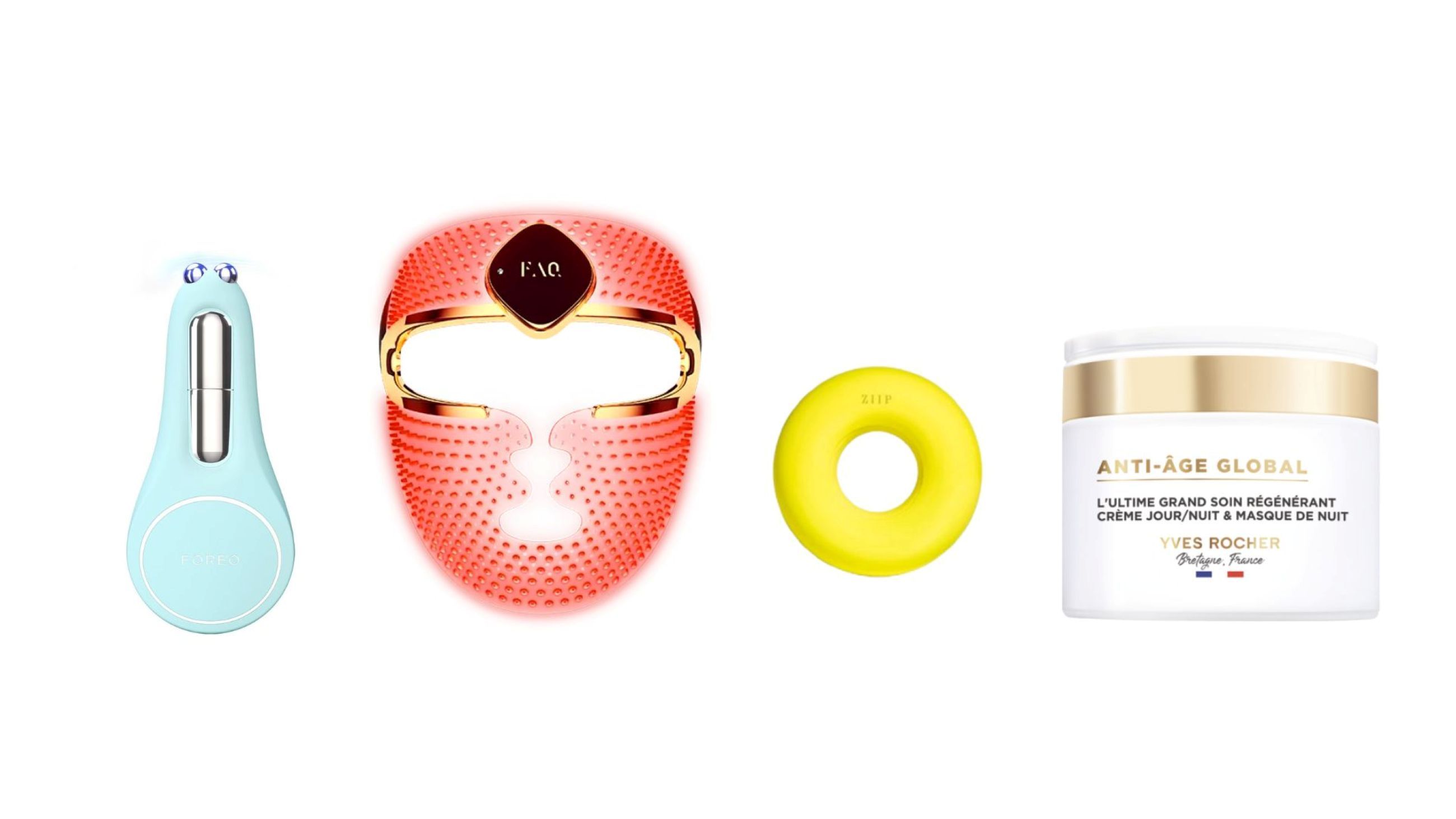 Da sinistra verso destra: FOREO BEAR 2 Eyes & Lips; FAQ 202; ZIIP DOT; Anti-Âge Global di Yves Rocher