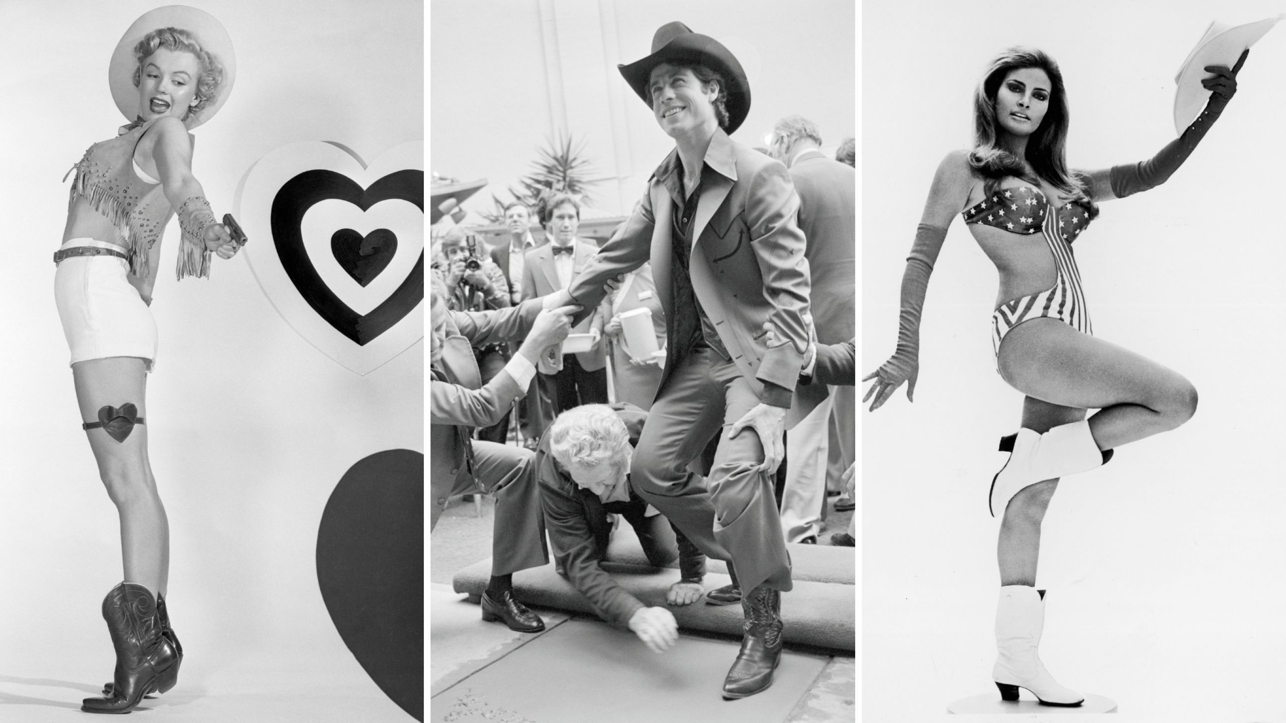 Da sinistra: Marilyn Monroe vestita da Valentine Cowgirl, 1951; John Travolta mentre lascia un'impronta del suo stivale davanti al cortile del Mann's Chinese Theatre, 1980; Raquel Welch che indossa un bikini a stelle e stivali da cowboy per il film 'Myra Breckinridge' diretto da Michael Sarne, 1970 - Credits: Getty Images