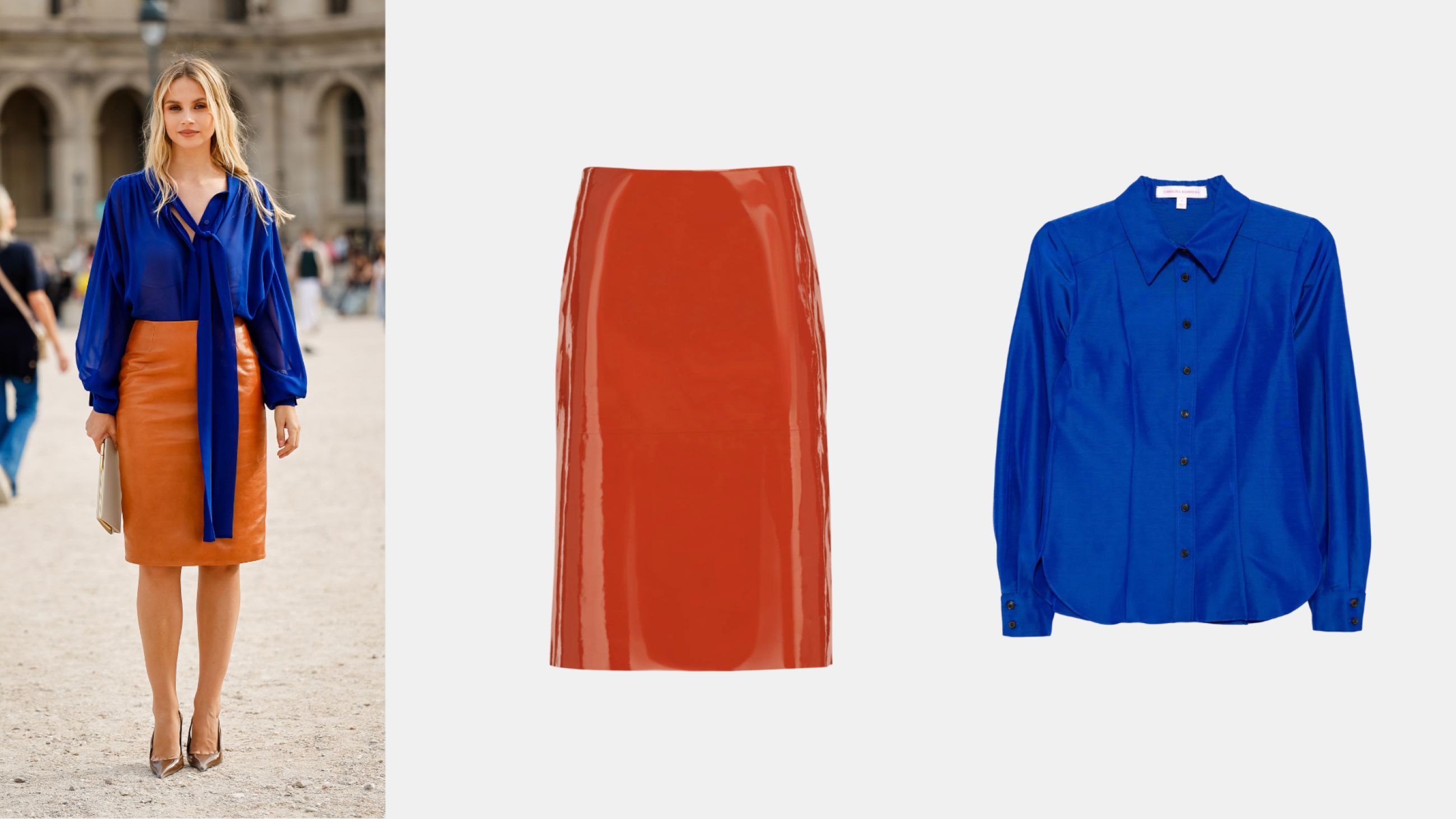 Da sinistra: Credits Getty Images; Gonna Ferragamo; Camicia Carolina Herrera