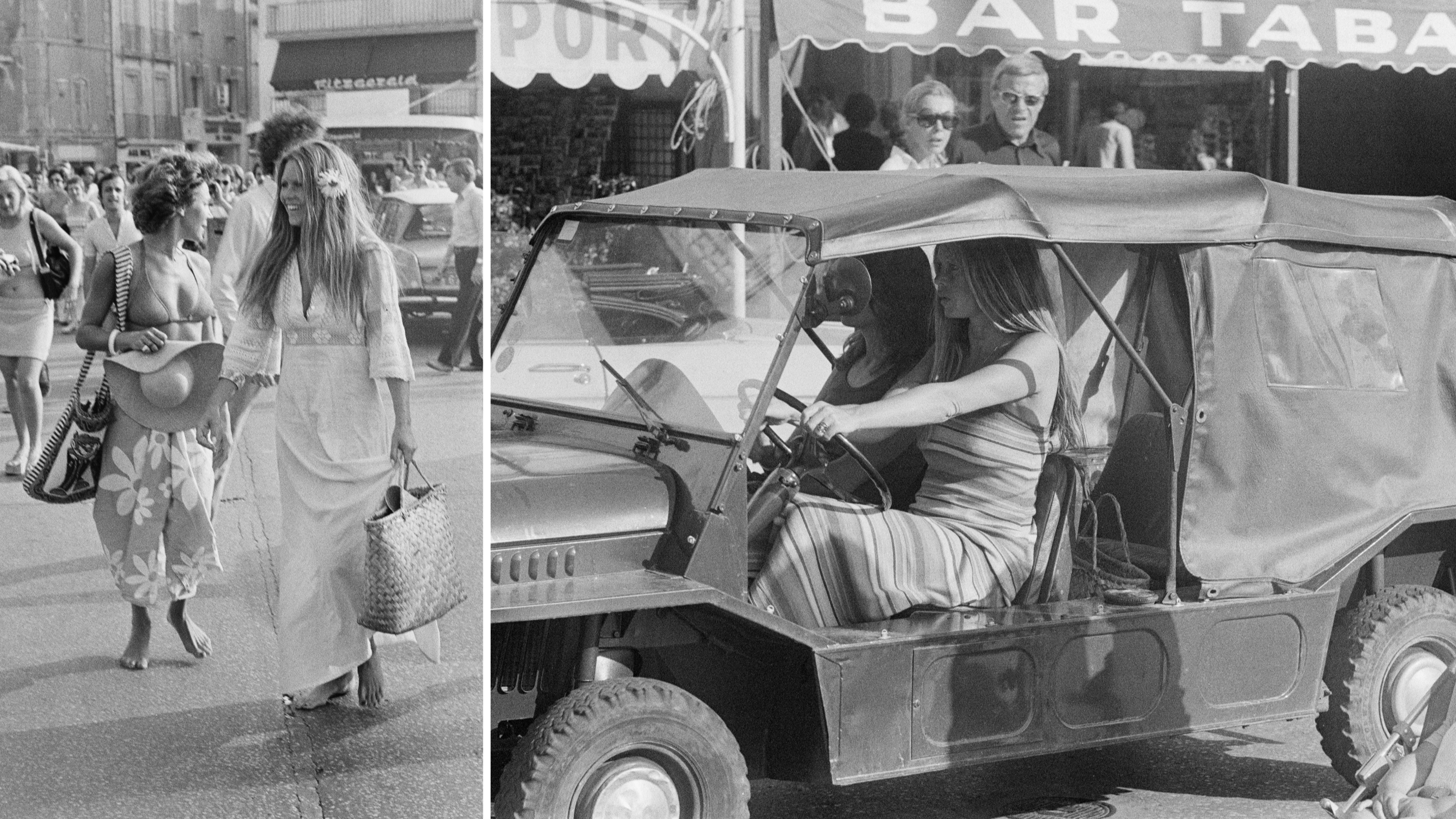 Da sinistra, Brigitte Bardot a passeggio per le vie di Saint Tropez e, a destra, l'attrice in giro per la località della riviera provenzale alla guida di una Jeep; 1974 - Credits: Getty Images