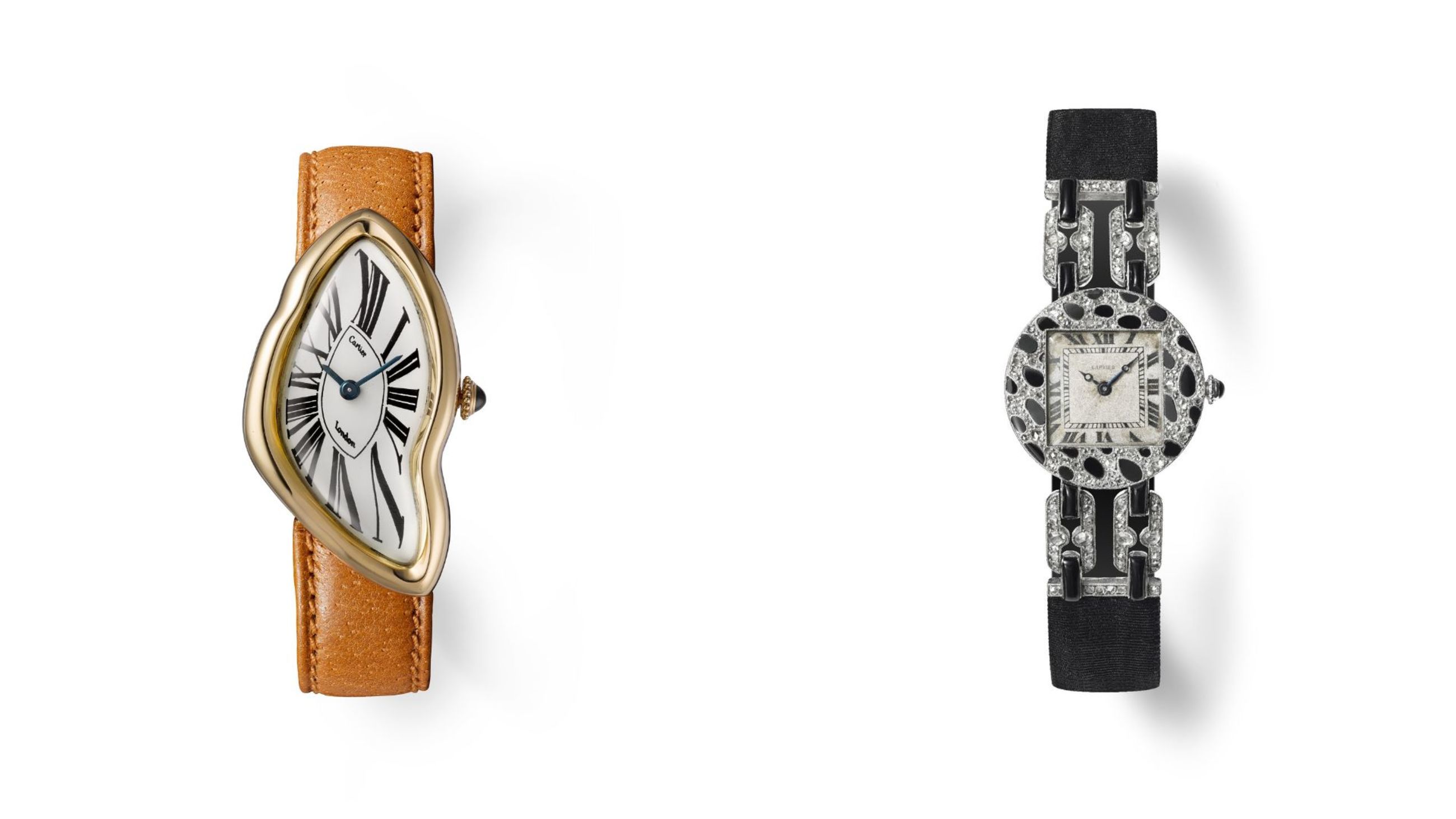 Crash Wristwatch, made by Wright & Davies for Cartier London, 1967. Sapphire, gold, blued steel and leather strap. Vincent Wulveryck, Collection Cartier © Cartier

Panther skin wristwatch. Cartier Paris, 1914. Onyx, diamonds, pink gold, platinum and black moiré strap. Nils Herrmann, Collection Cartier © Cartier