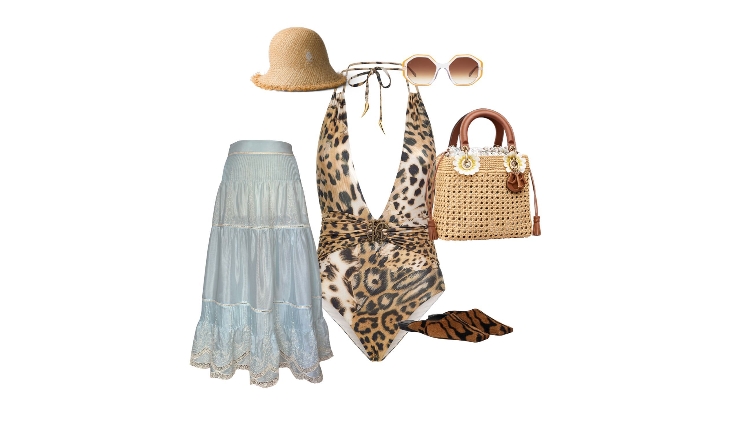 Costume Roberto Cavalli, occhiali da sole Jimmy Fairly, gonna Lug Von Siga, cloche Prada, borsa Dior, mules Stella McCartney