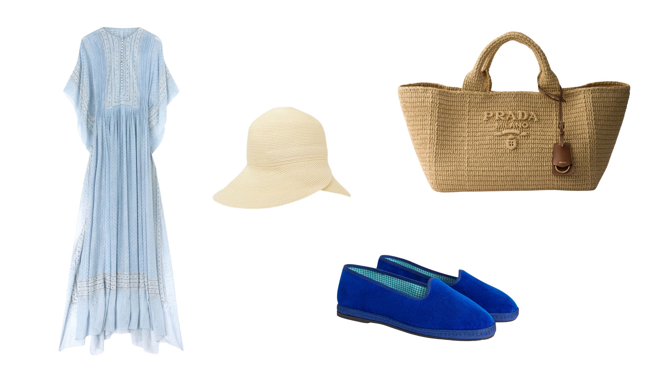 Caftano, Ermanno Scervino; cappello, Loro Piana; borsa Prada; friulane, Velasca