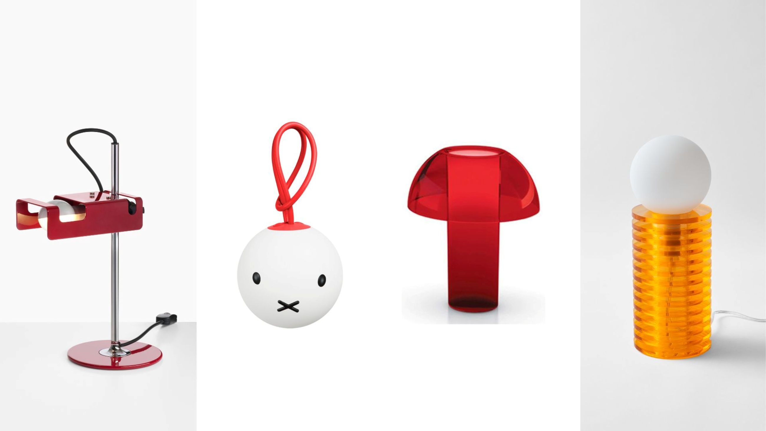 Da sinistra: Lampada Mini Spider, Joe Colombo per Oluce. Courtesy Oluce; Bolleke x Miffy, Fatboy. Courtesy Fatboy; Lampcake, AALF. Courtesy AALF; Lampada Colette, Pedrali - Courtesy Pedrali 