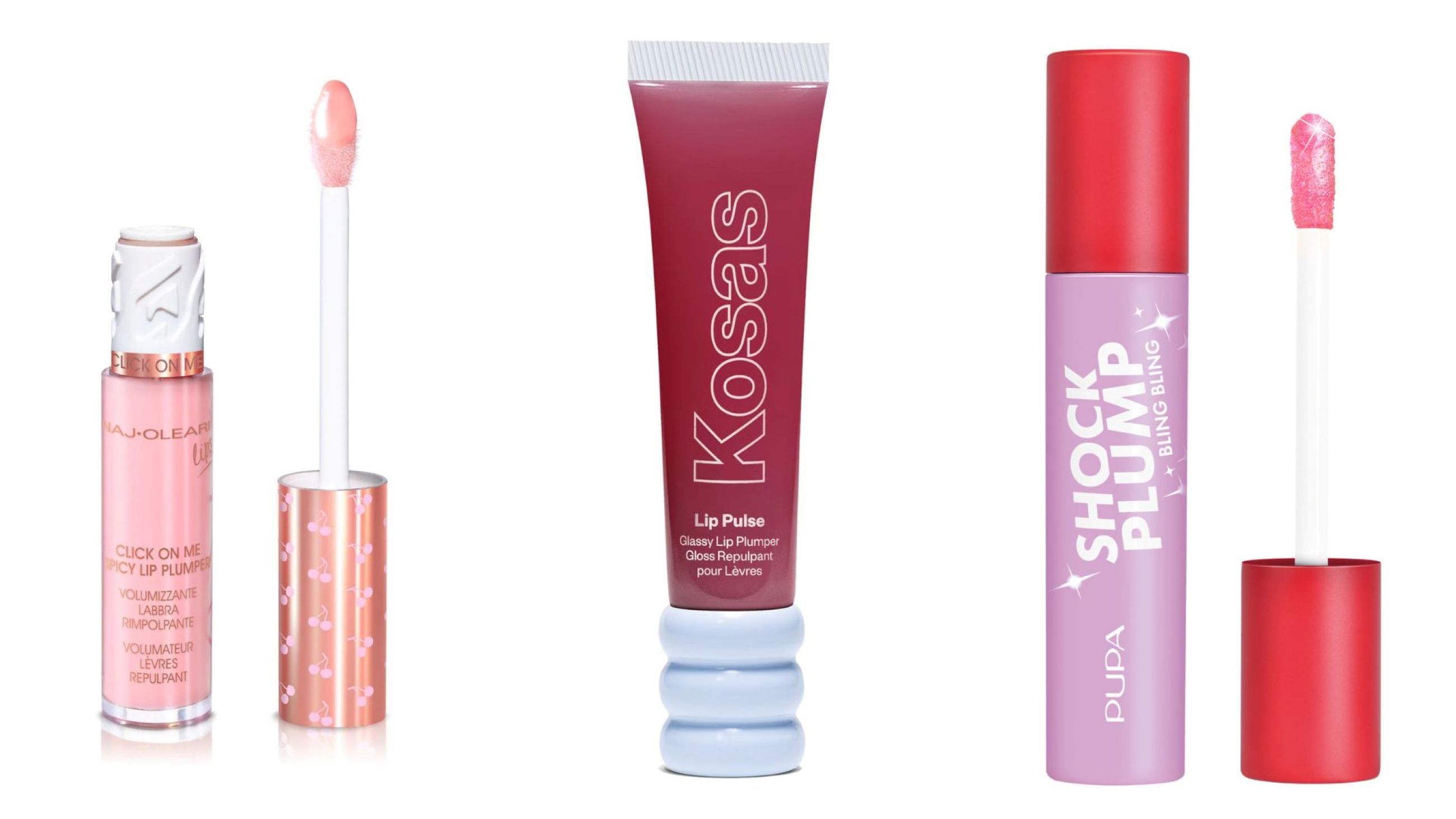 Naj Oleari, Click On Me Spicy Lip Plumper; Kosas, Lip Pulse Glassy Lip Plumper; PUPA Milano, Shock Plump Bling Bling - Credits: Courtesy Press Office