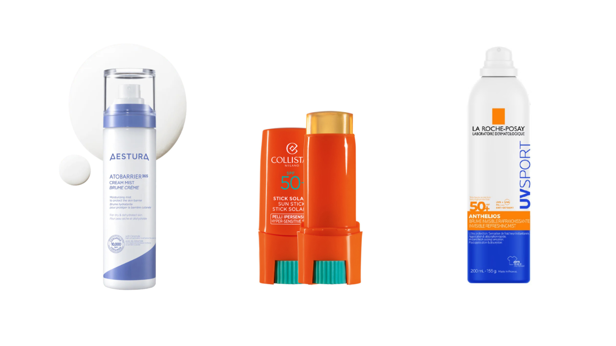 Da sinistra: Aestura, Atobarrier365 Cream Mist; Collistar, Stick Solare SPF50; La Roche Posay, Anthelios UV Sport SPF50+ - Courtesy Press Office
