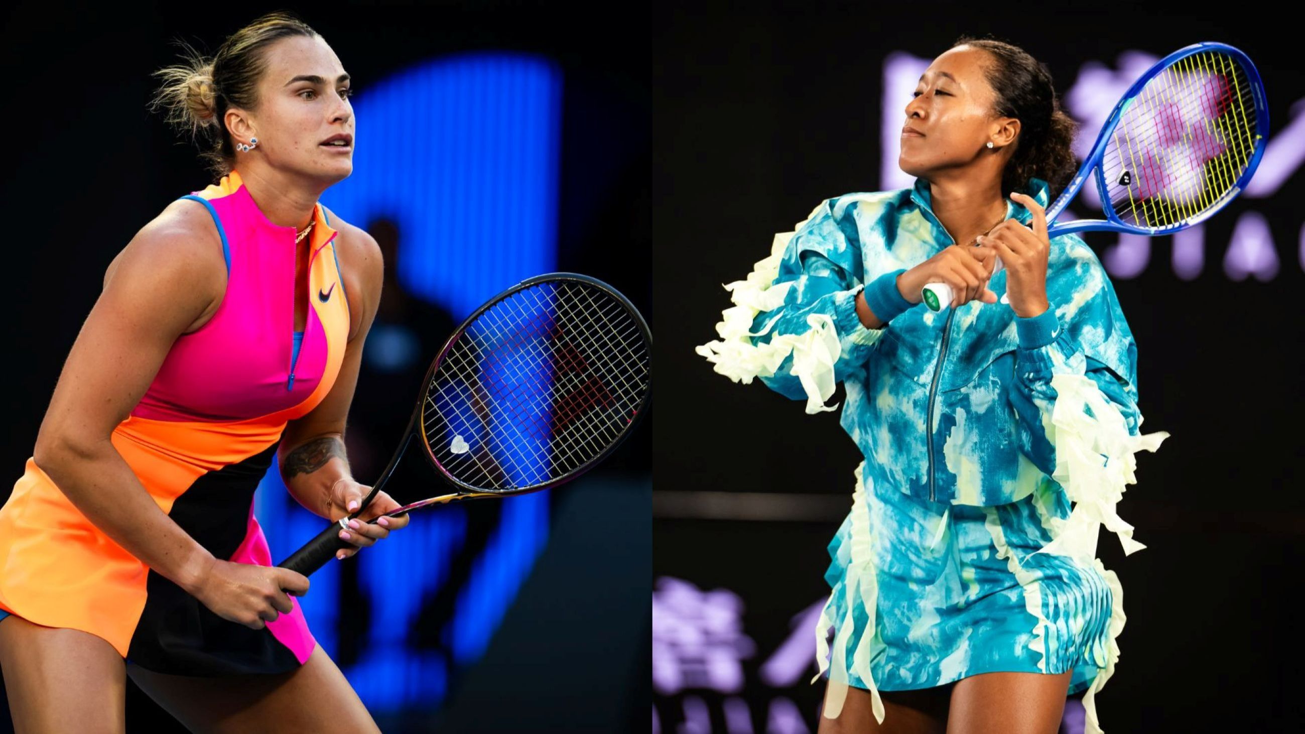Aryna Sabalenka in azione contro Tiantsoa Rakotomanga Rajaonah della Francia nel primo turno, durante la prima giornata degli Australian Open 2026 al Melbourne Park, il 18 gennaio 2026, a Melbourne, Australia; Naomi Osaka del Giappone in azione contro Antonia Ruzic della Croazia nel primo turno, durante la terza giornata degli Australian Open 2026 al Melbourne Park, il 20 gennaio 2026, a Melbourne, Australia - Credits: Getty Images