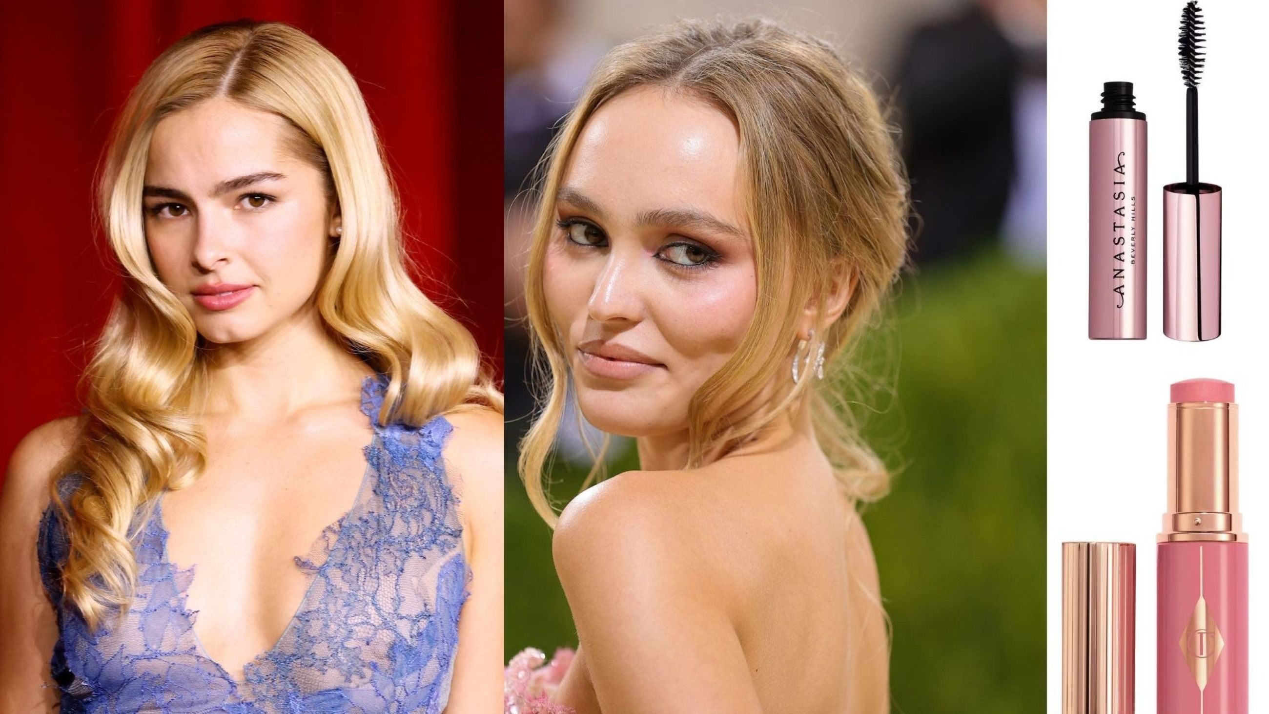 Addison Rae e Lily Rose Depp; Charlotte Tilbury, Unreal Blush Healthy Glow Stick; Anastasia Beverly Hills, Clear Brow Gel - Credits: Getty Images; Courtesy Press Office