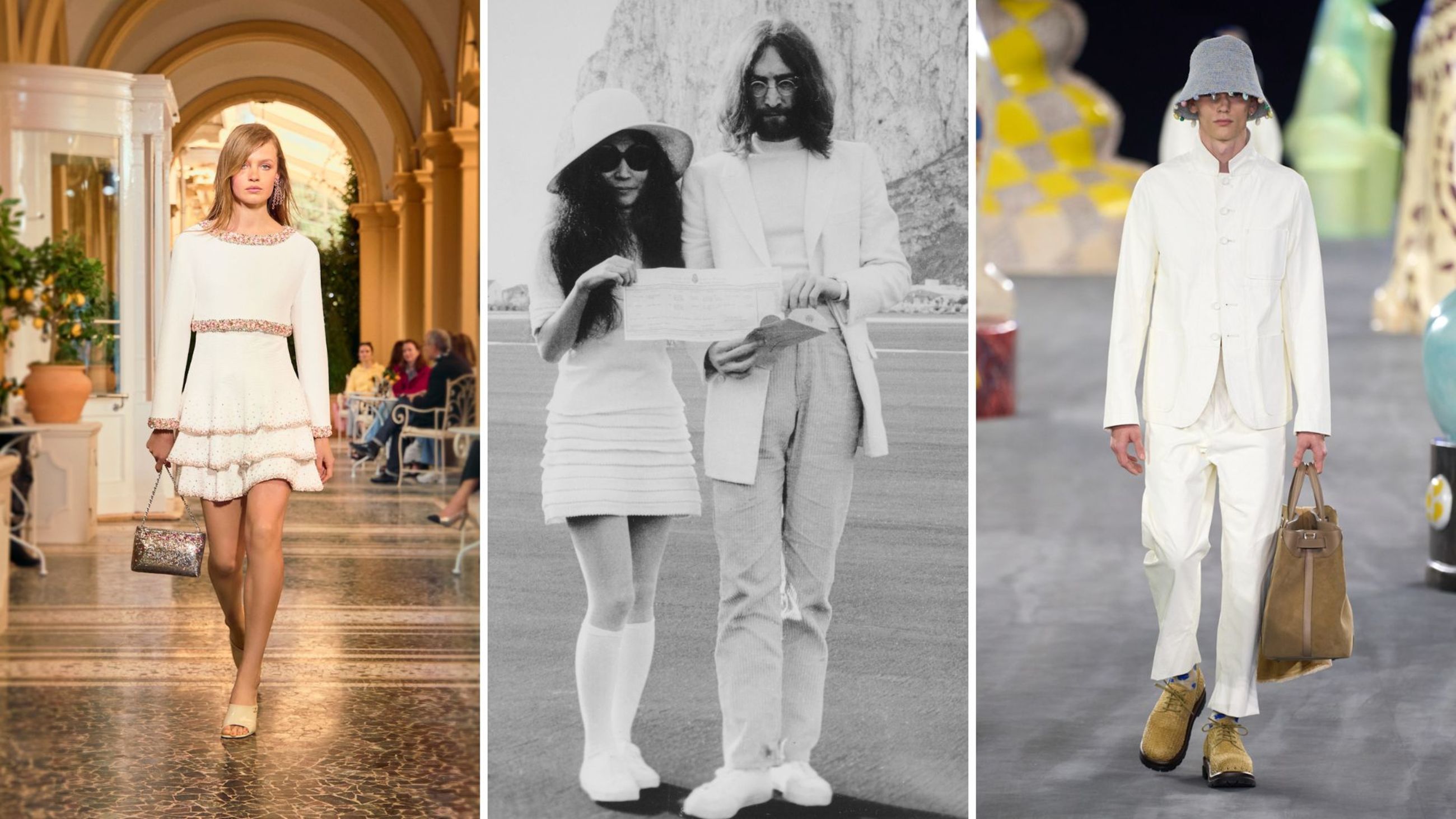  Da sinistra, Chanel FW26, le nozze di John Lennon e Yoko Ono e un modello Dior Uomo SS25 
Credit: Launchmetrics.com/Spotlight