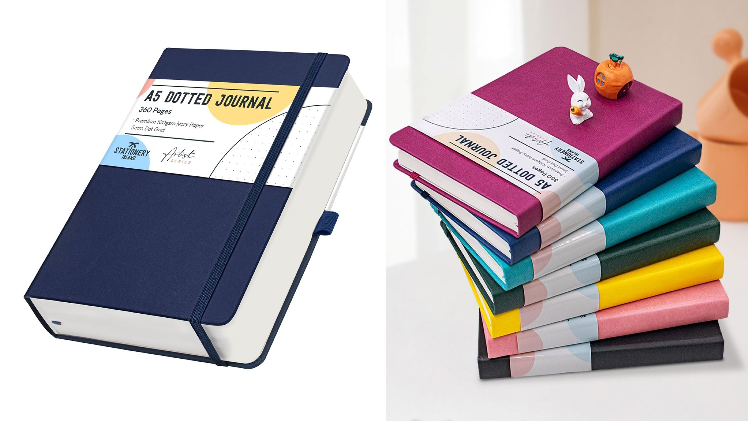 Taccuino puntinato A5 da 360 pagine accanto a una pila colorata di journal coordinati – Courtesy Press Office