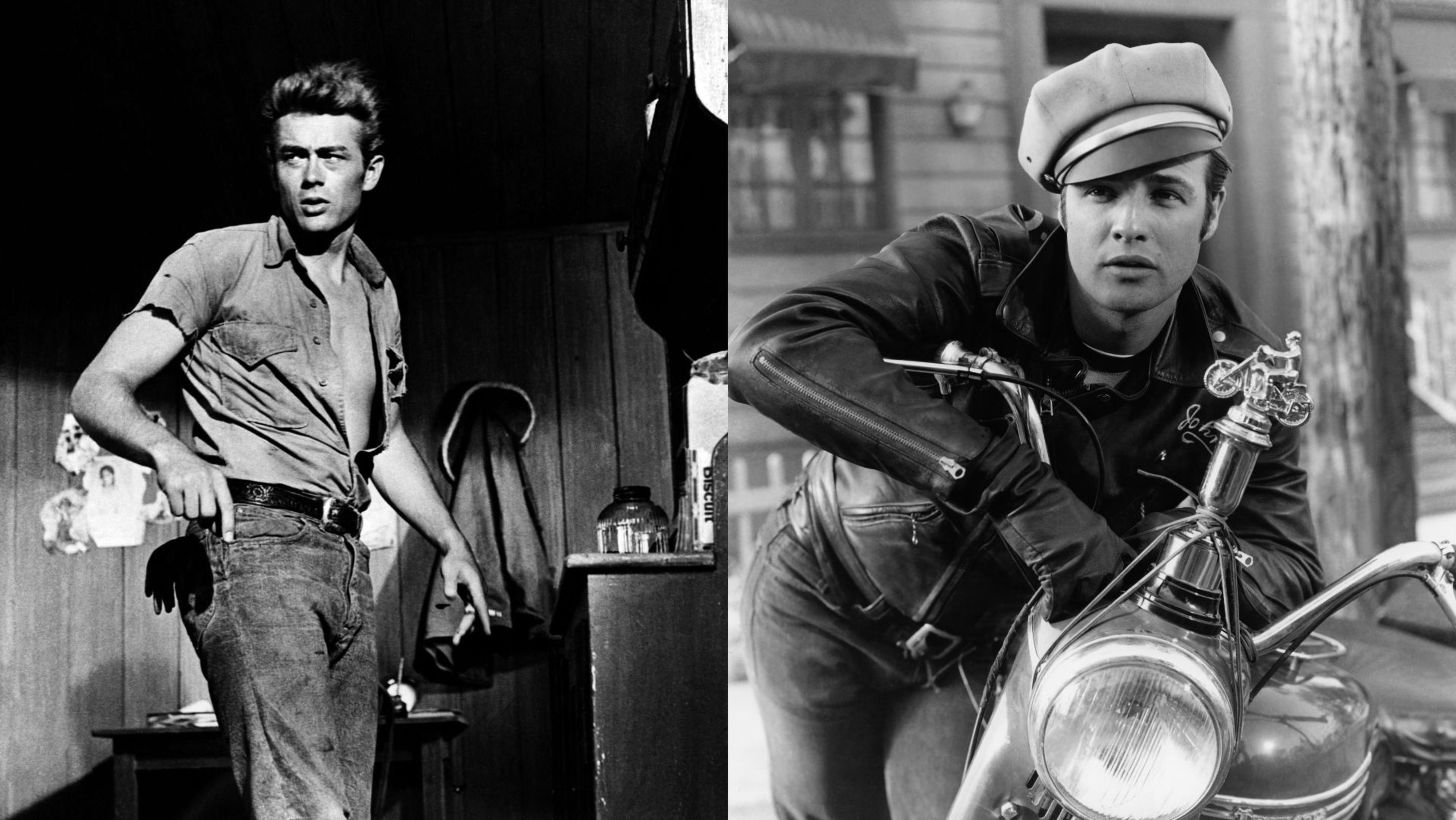 James Byron Dean (1931–1955), attore americano, nel film «Gioventù bruciata»; Marlon Brando in «Il selvaggio» del 1953, diretto da László Benedek Credits: AGF
