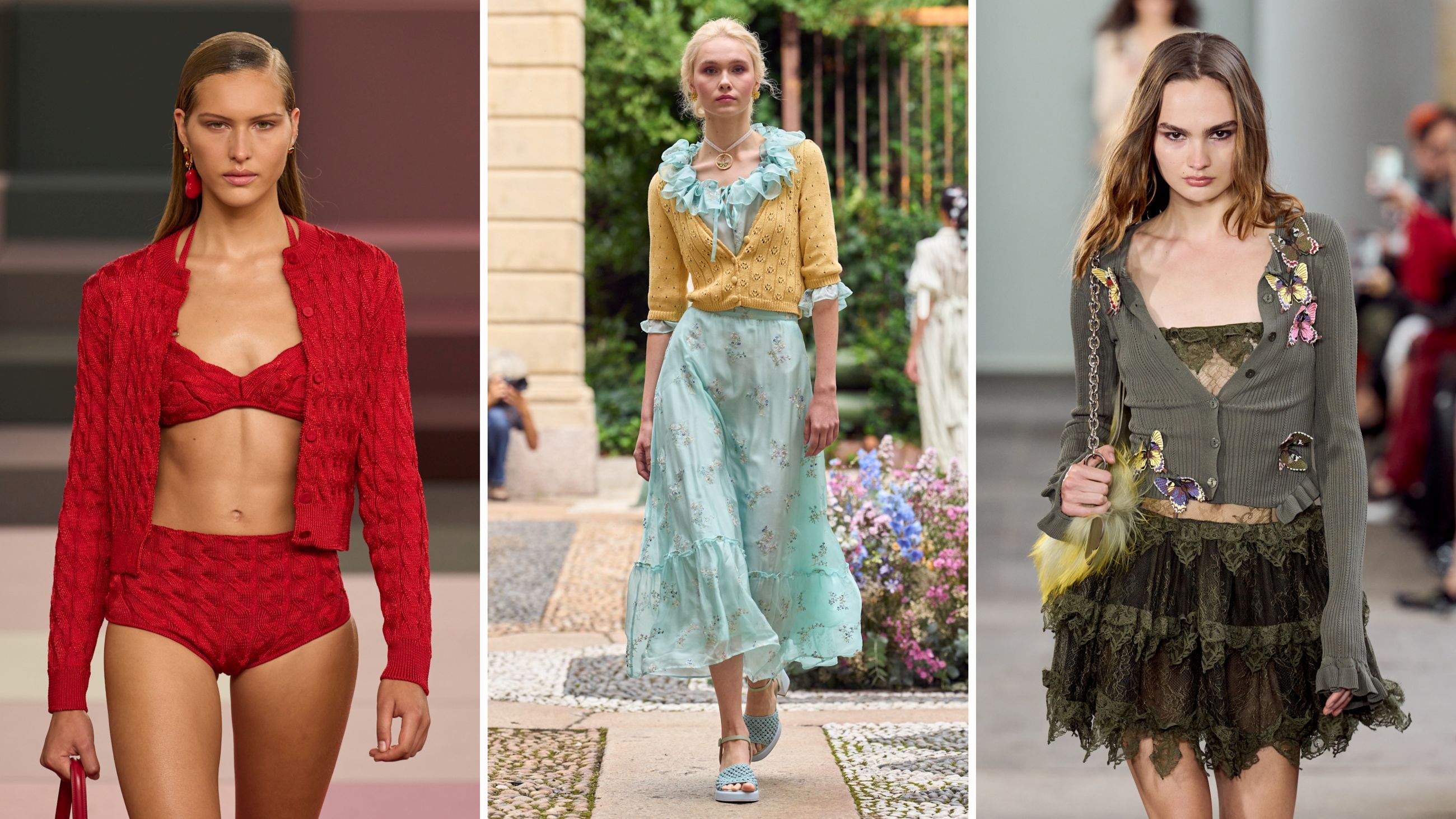 I cardigan corti portano con sé un fascino fresco e sbarazzino. Dalle sfilate Primavera/Estate 2026: da sinistra creazioni Fendi; Luisa Beccaria; Blumarine - Credits: Launchmetric.com/Spotlight