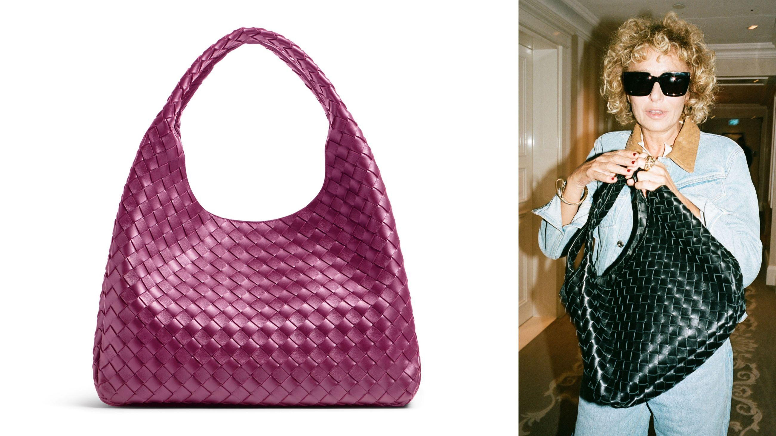 Il modello di borsa Campana firmato Bottega Veneta: a sinistra nella versione media in nuance Pickle, a destra in quella grande nella tonalità del nero portata. On grande nonchalance dall’attrice Valeria Golino - Credits: Ufficio Stampa