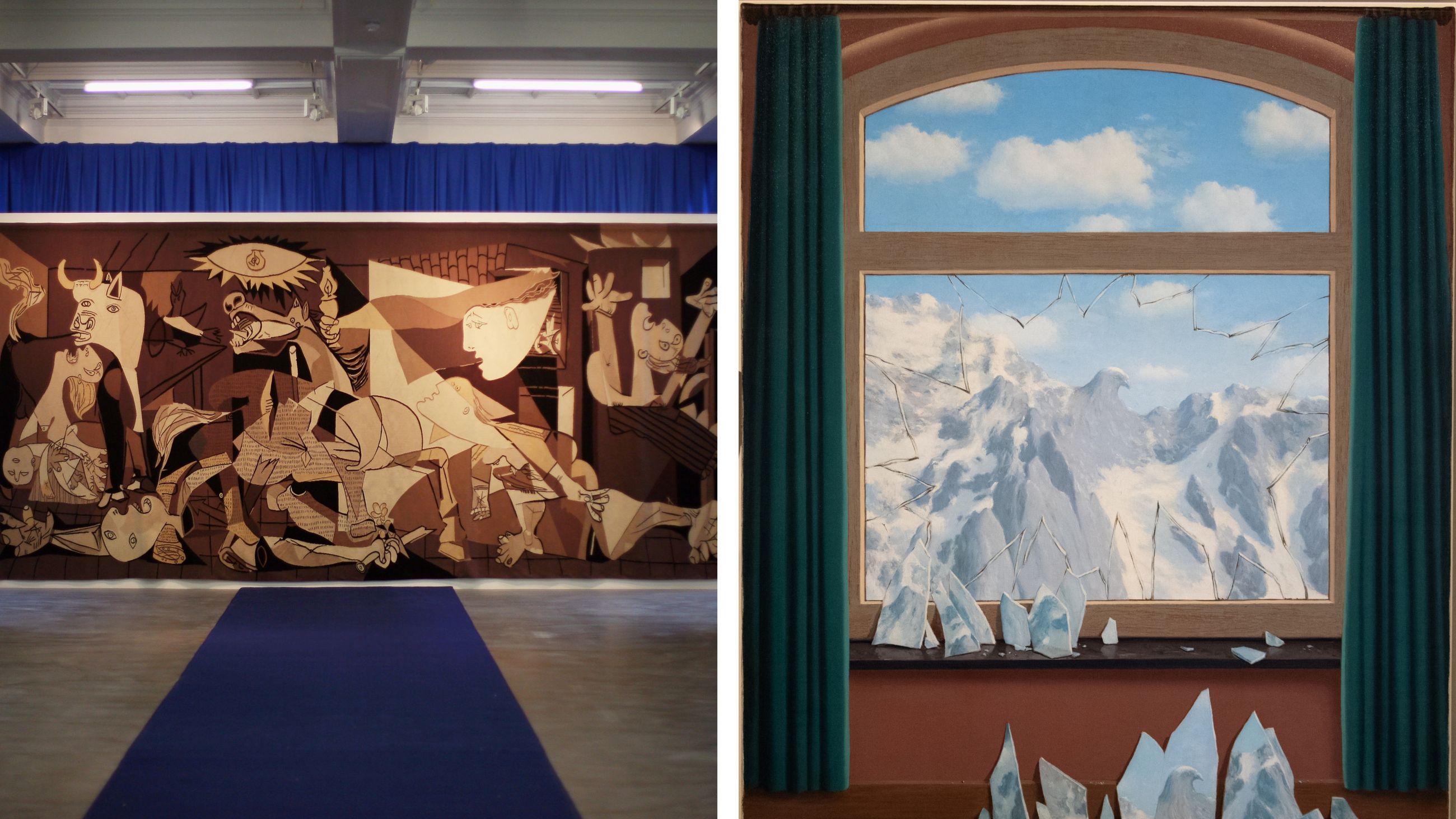 A sinistra il dipinto Guernica, Pablo Picasso, olio su tela, 1937 – Credits: Getty; a destra Il Dominio di Arnheim, René Magritte, olio su tela, 1962 – Credits: Getty Images