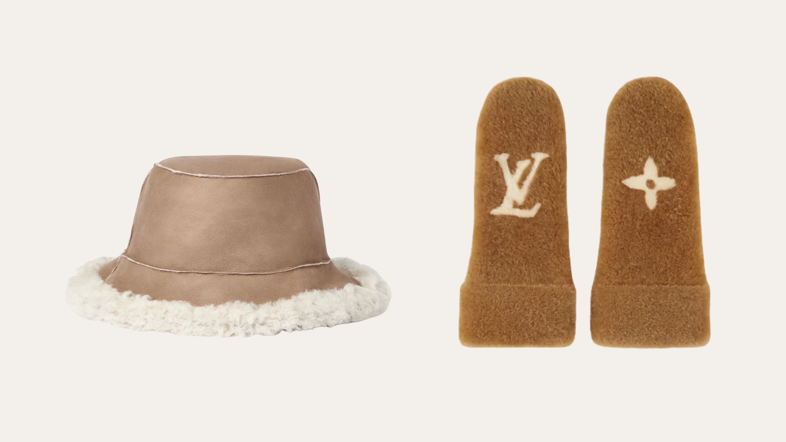 A sinistra, cappello Bucket in montone Fuzzy di Brunello Cucinelli e, a destra, le muffole in shearling di Louis Vuitton - Credits: per Brunello Cucinelli, www.brunellocucinelli.com; per Louis Vuitton, Ufficio Stampa