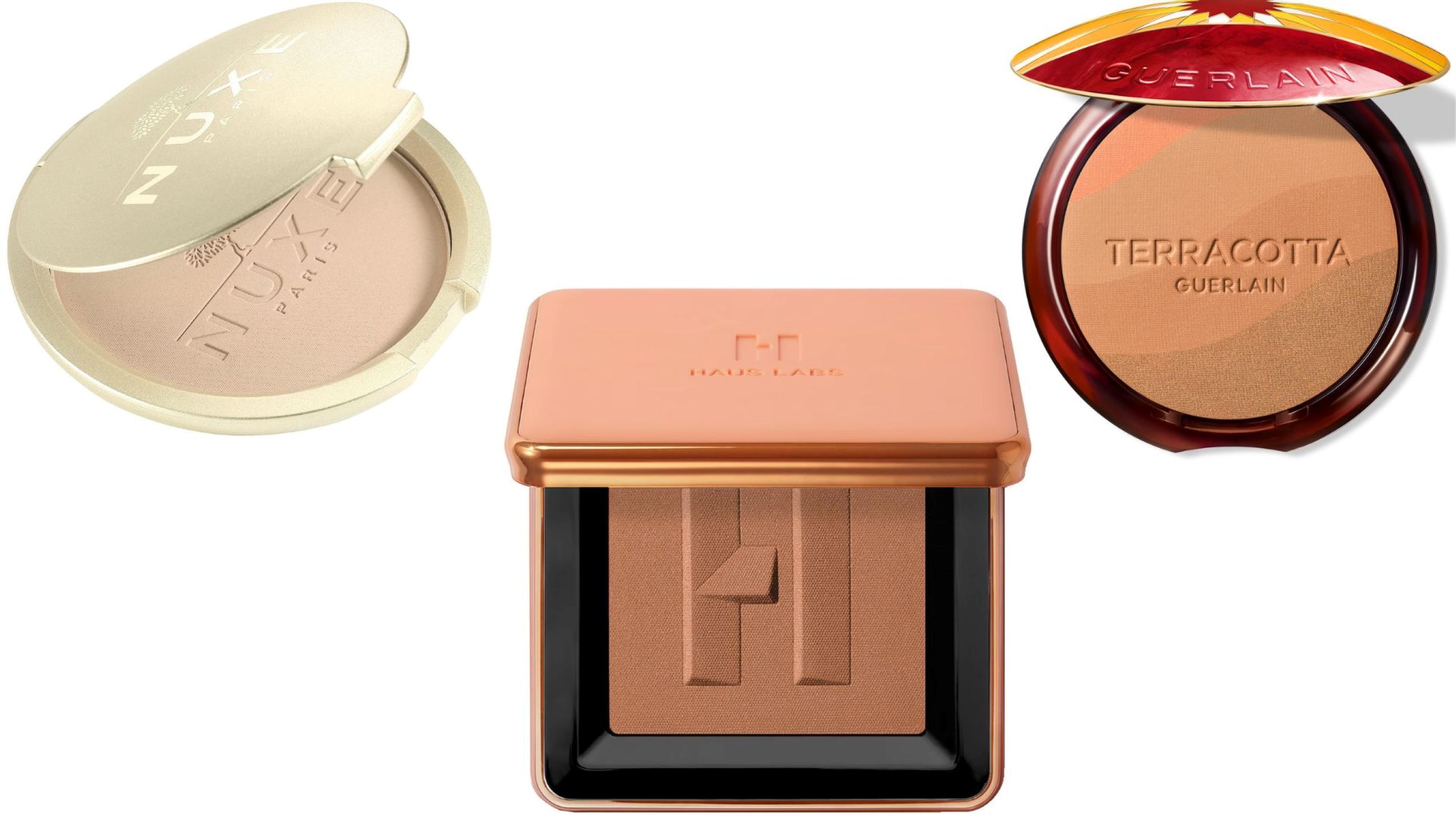 Nuxe, Poudre Éclat Prodigieuse; Haus Labs by Lady Gaga, Power Sculpt Velvet Bronzer; Guerlain, Terracotta Golden Dunes - Credits: Courtesy Press Office