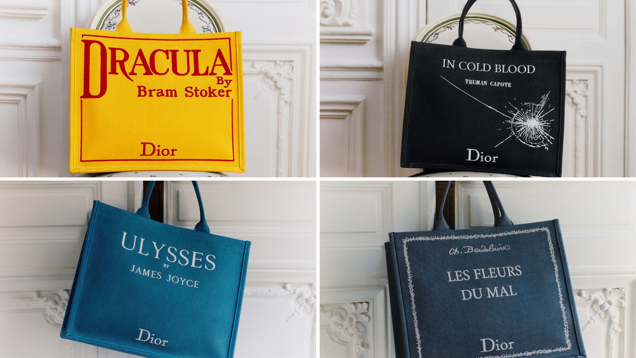 La nuova Dior Book Tote Bag. In senso orario i modelli ispirati ad alcune delle più celebri opere narrative di carattere internazionale - Credits: Press Office Dior 