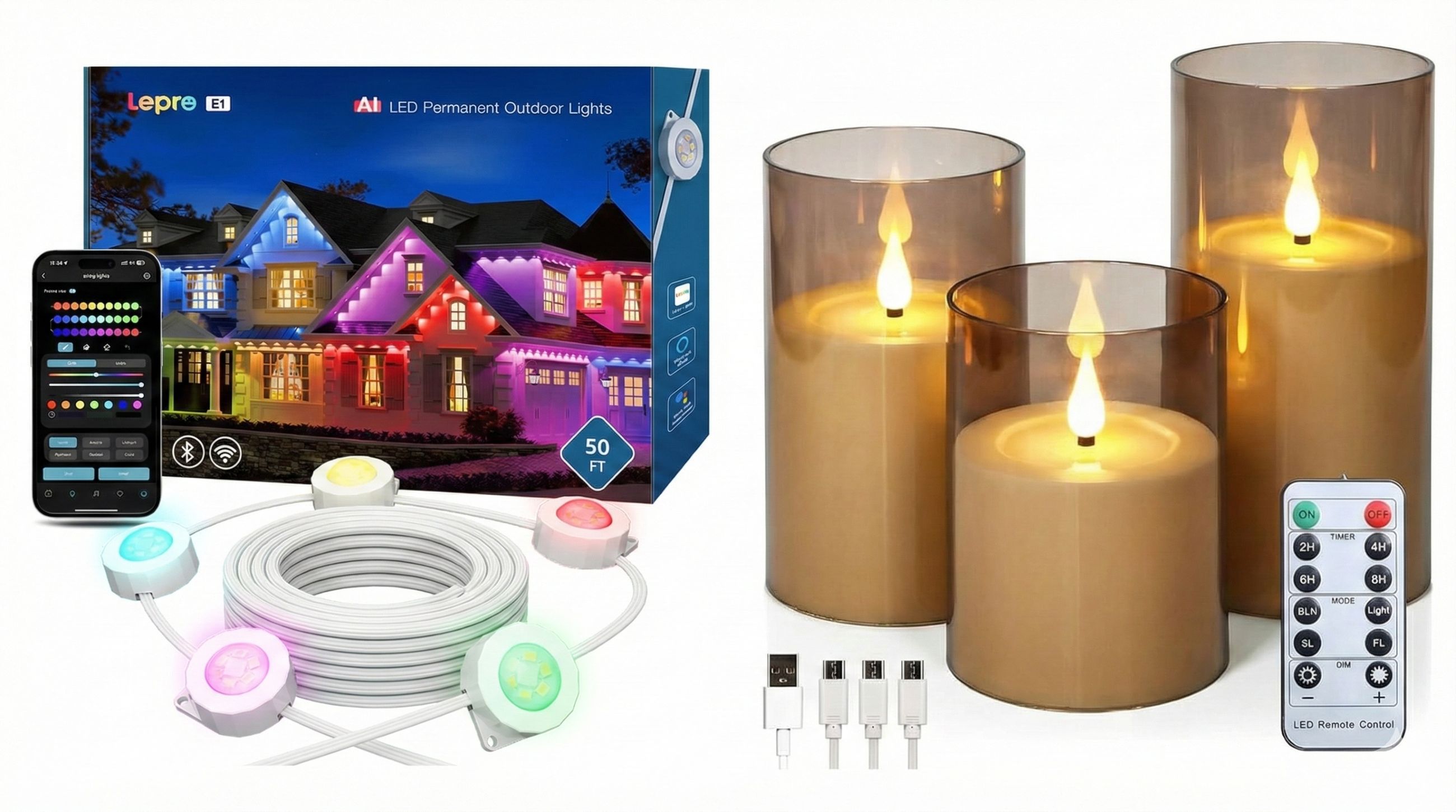Lepro E1 Permanent Outdoor Lights: luci da esterno RGB controllabili via app e Wi-Fi, pensate per decorare facciate e grondaie con effetti personalizzati, colore per colore, tutto l’anno – Set Freepower di tre candele LED ricaricabili con timer e telecomando: effetto fiamma realistico e luce bianco caldo