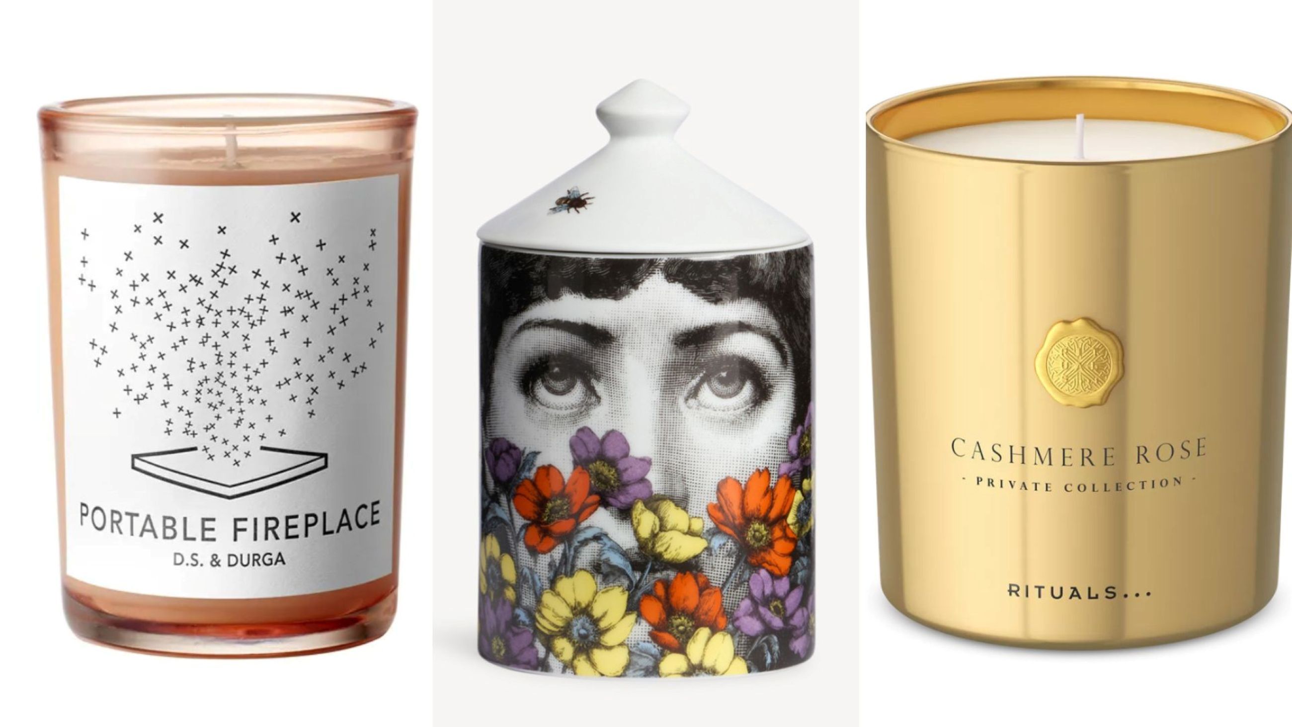 DS&Durga, Candela Portable Fireplace; Rituals, Candela Cashmere Rose; Fornasetti, Candela Giardino Segreto - Credits: Courtesy Press Office
