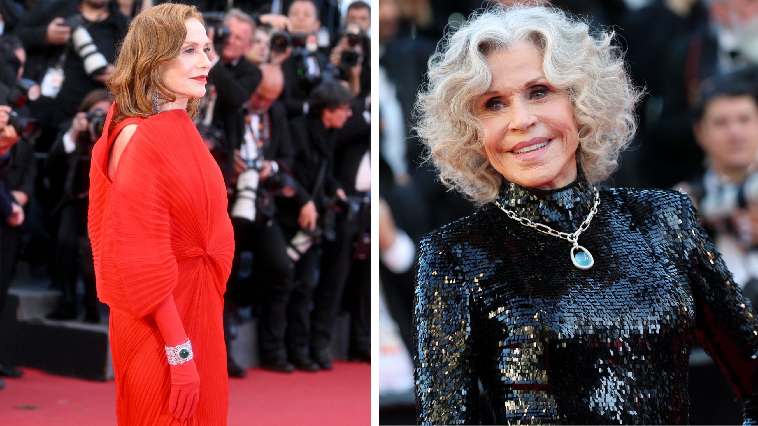 Da sinistra: Isabelle Huppert partecipa alla proiezione di "Histoires Parallèles" durante il 79º Festival del Cinema di Cannes, 2026; Jane Fonda durante il 79° Festival cinematografico annuale di Cannes, 2026 - Credits Getty Images