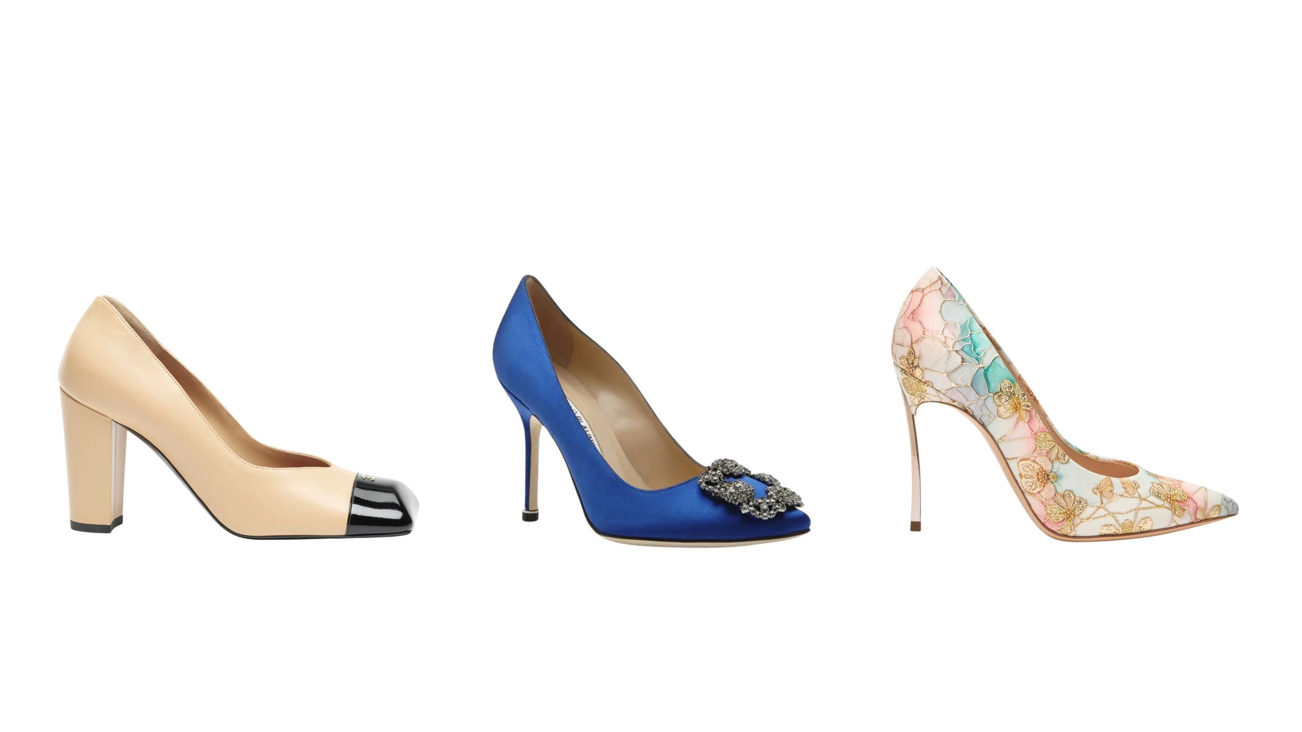 Da sinistra: Chanel; Manolo Blahnik; Casadei