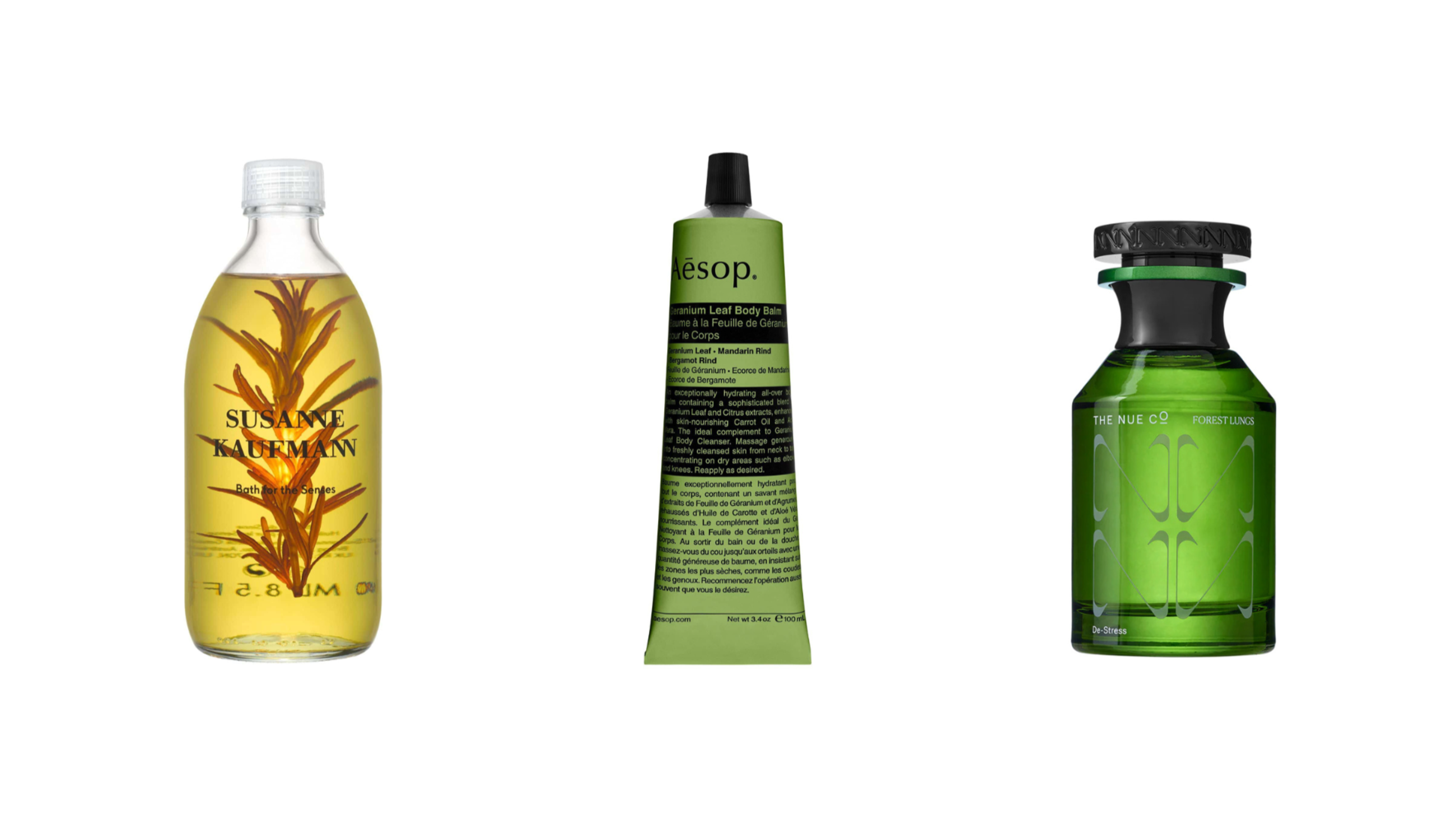  Da sinistra: Susanne Kaufmann, Bath For The Senses; Aesop, Geranium Leaf Body Balm; The Nue Co., Forest Lungs - Courtesy Press Office