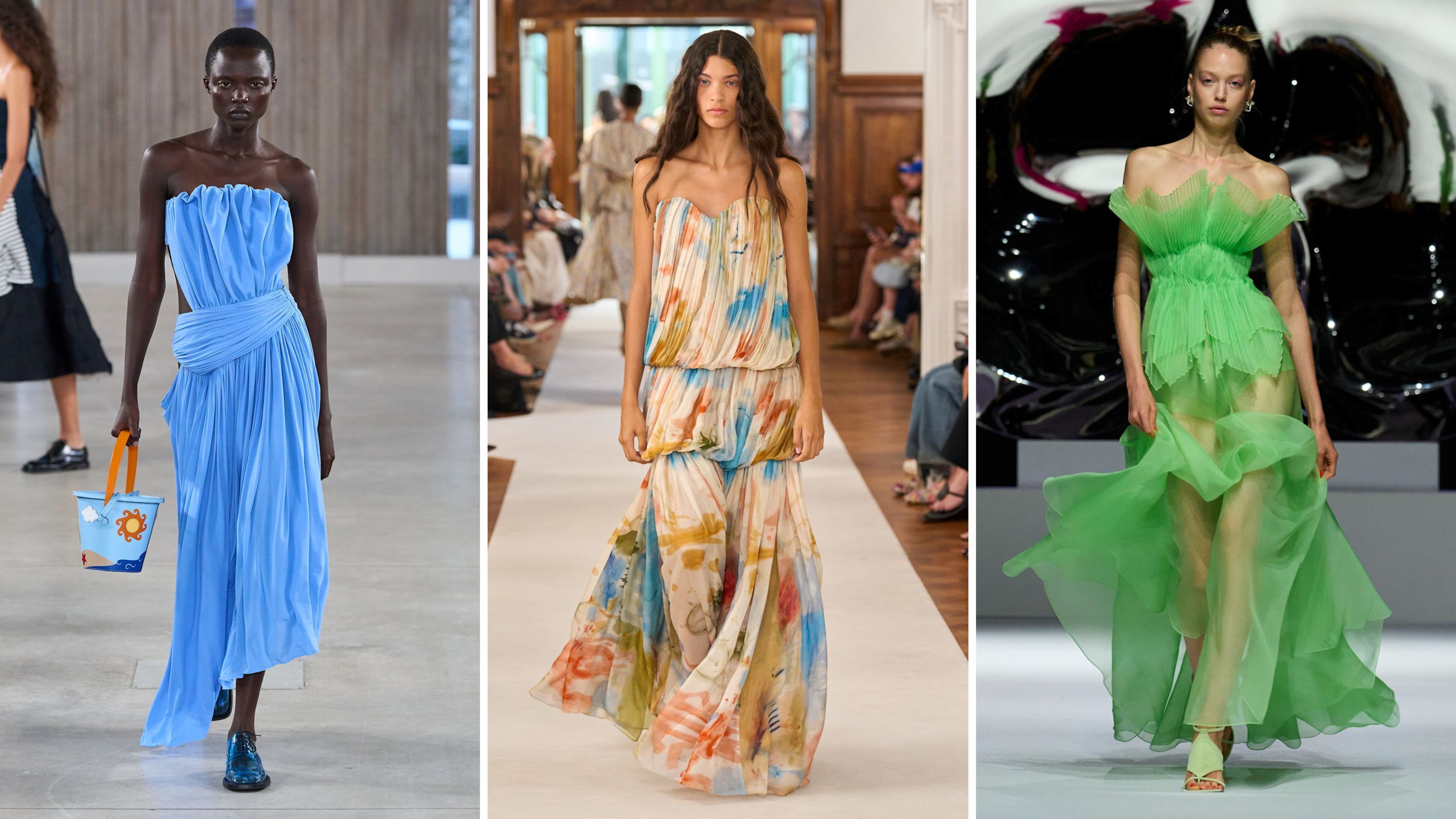 Dalle passerelle PE26: da sinistra Moschino; Ulla Johnson; Genny - Credits: Launchmetrics.com/Spotlight