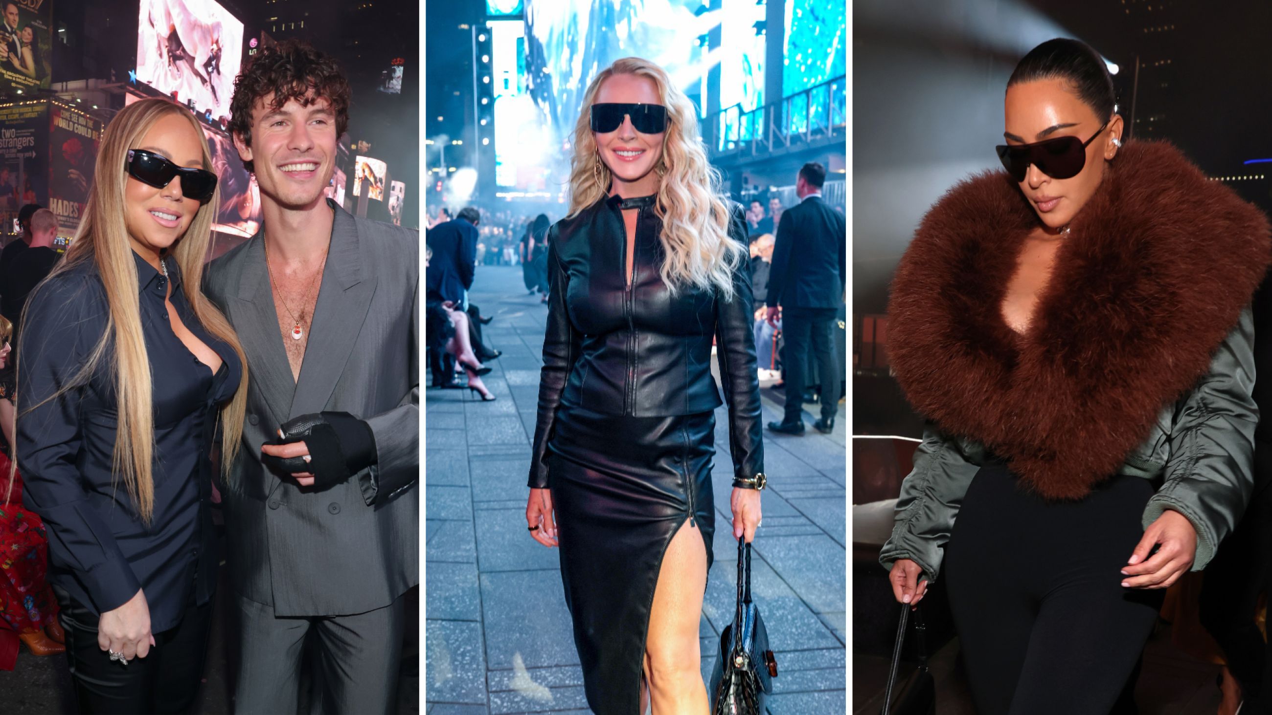 Da sinistra: Mariah Carey e Shawn Mendes; Lindsay Lohan; Kim Kardashian alla sfilata Gucci Cruise 2027 – Credits Getty Images