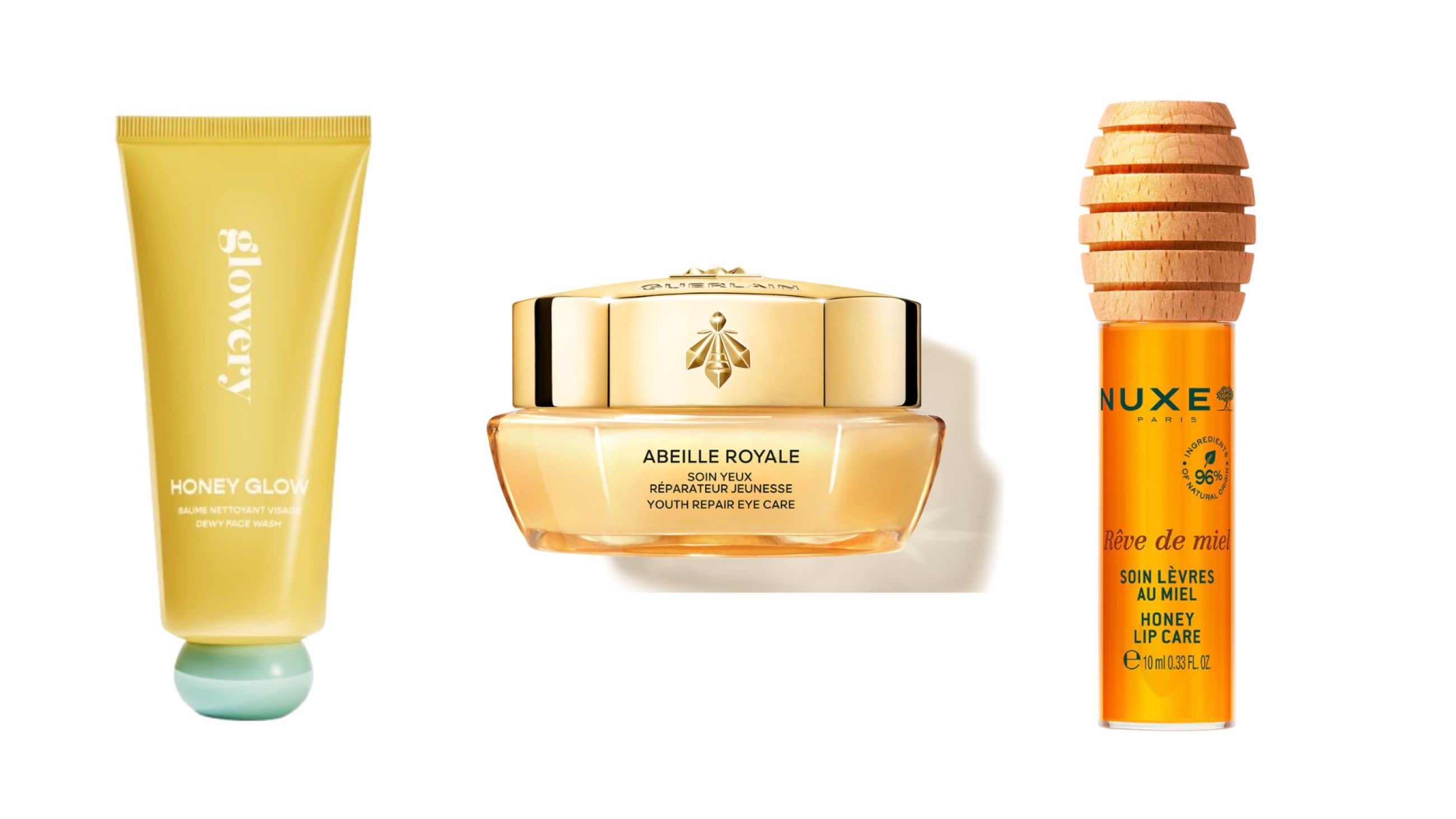 Da sinistra: Glowery, Honey Glow Face Wash; Guerlain, Abeille Royale Youth Repair Eye Care; Nuxe, Reve de Miel Honey Lip Care - Courtesy Press Office