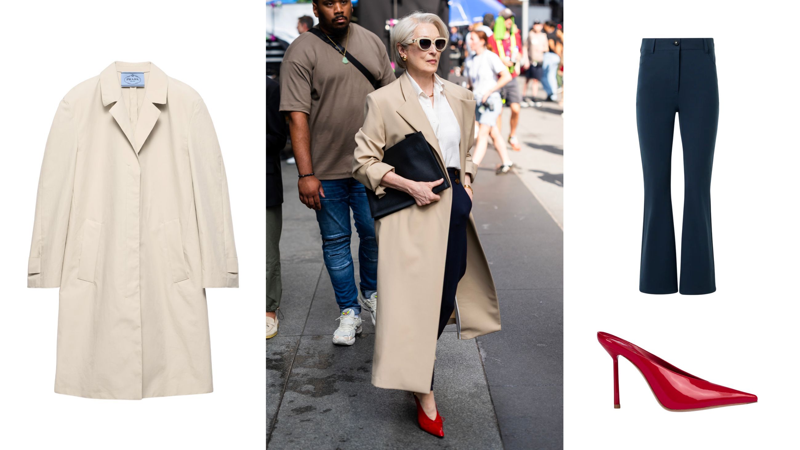 Da sinistra: trench, Prada; pantaloni, Akris; scarpe, Le Silla - Credits: www.prada.com; www.akris.com; www.lesilla.com