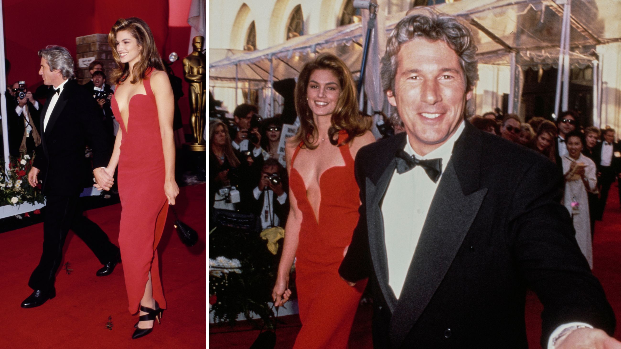 La supermodella Cindy Crawford agli Oscar 1991 insieme al fidanzato dell’epoca, l’attore Richard Gere. Con loro, sul red carpet, c’è un altro protagonista: il famoso abito rosso firmato Versace indossato dalla top model, 1991 - Credits: Getty Images