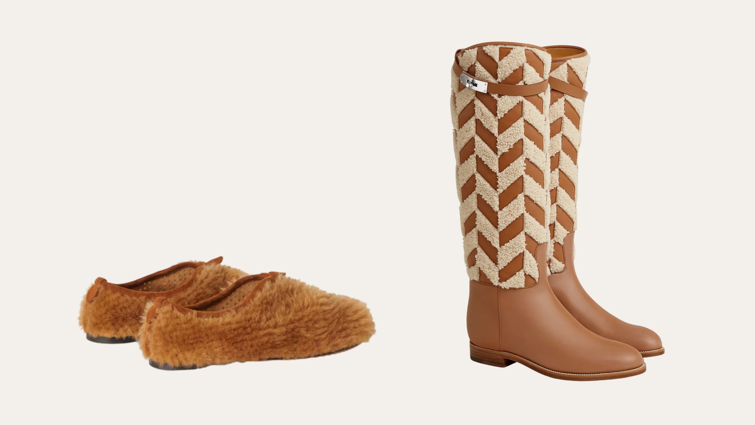 A sinistra, i mocassini in montone di Loro Piana e, a destra, gli stivali Jumping di Hermès – Credits: per Loro Piana, www.loropiana.com; per Hermès, Ufficio Stampa