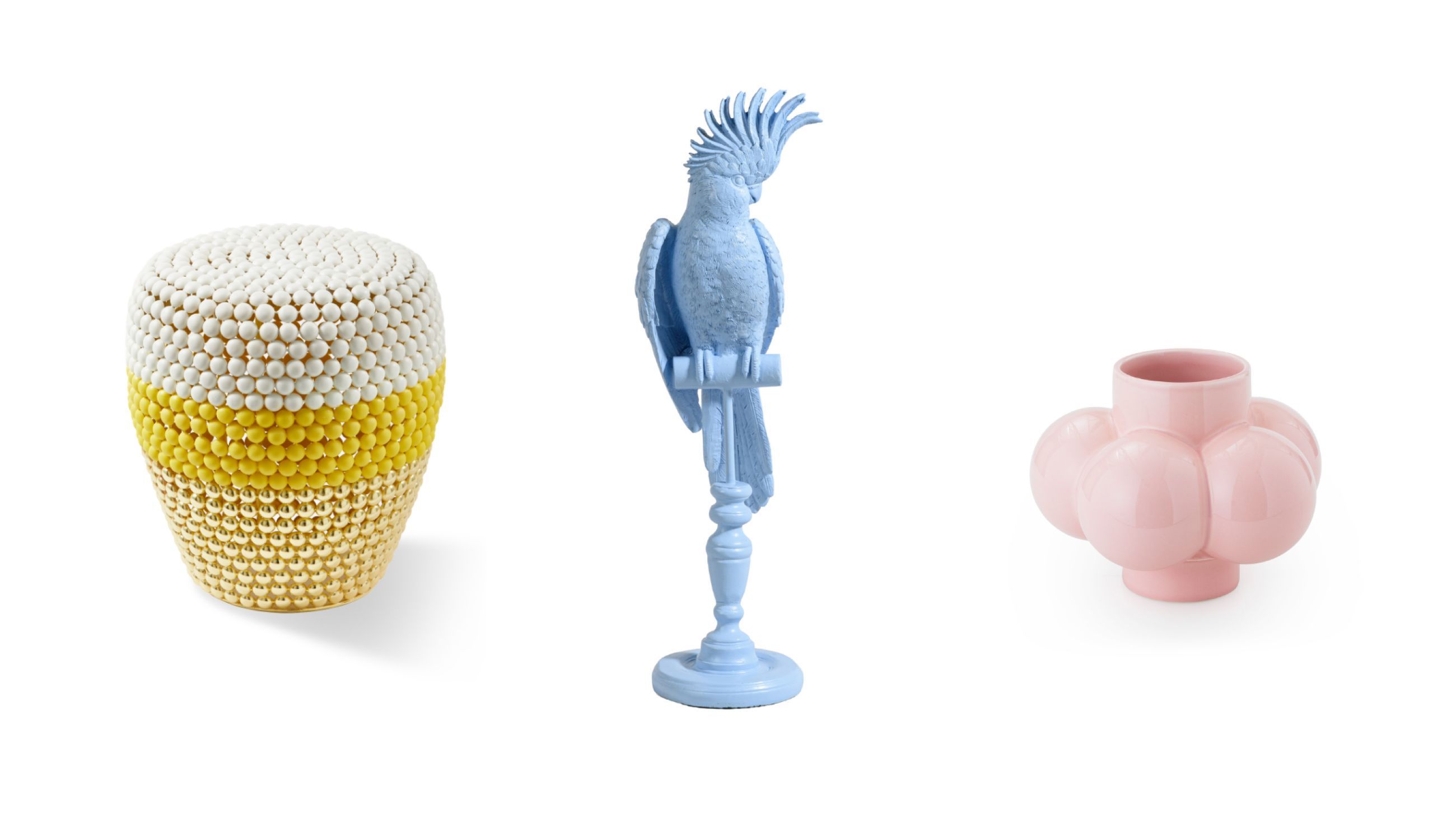 Da sinistra: Dot Stool Striped POLSPOTTEN - Courtesy POLSPOTTEN; Cacatua di Maisons du Monde - Courtesy Maisons du Monde; Bubbles di Normann Copenhagen - Courtesy Normann Copenhagen