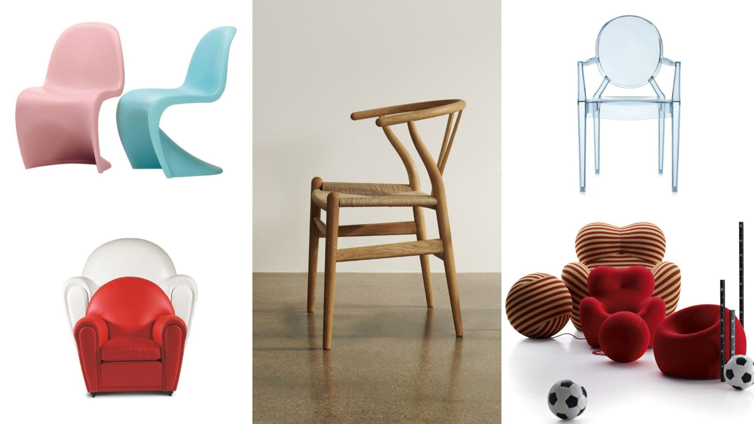 Da sinistra in basso: Panton Junior di Vitra; Baby Vanity Fair di Poltrona Frau; CH24, nota anche come Wishbone Chair, disegnata da Hans J. Wegner per Carl Hansen & Søn ; Lou Lou Ghost Baby di Kartell; UPJ Junior di B&B Italia - Courtesy Press Office