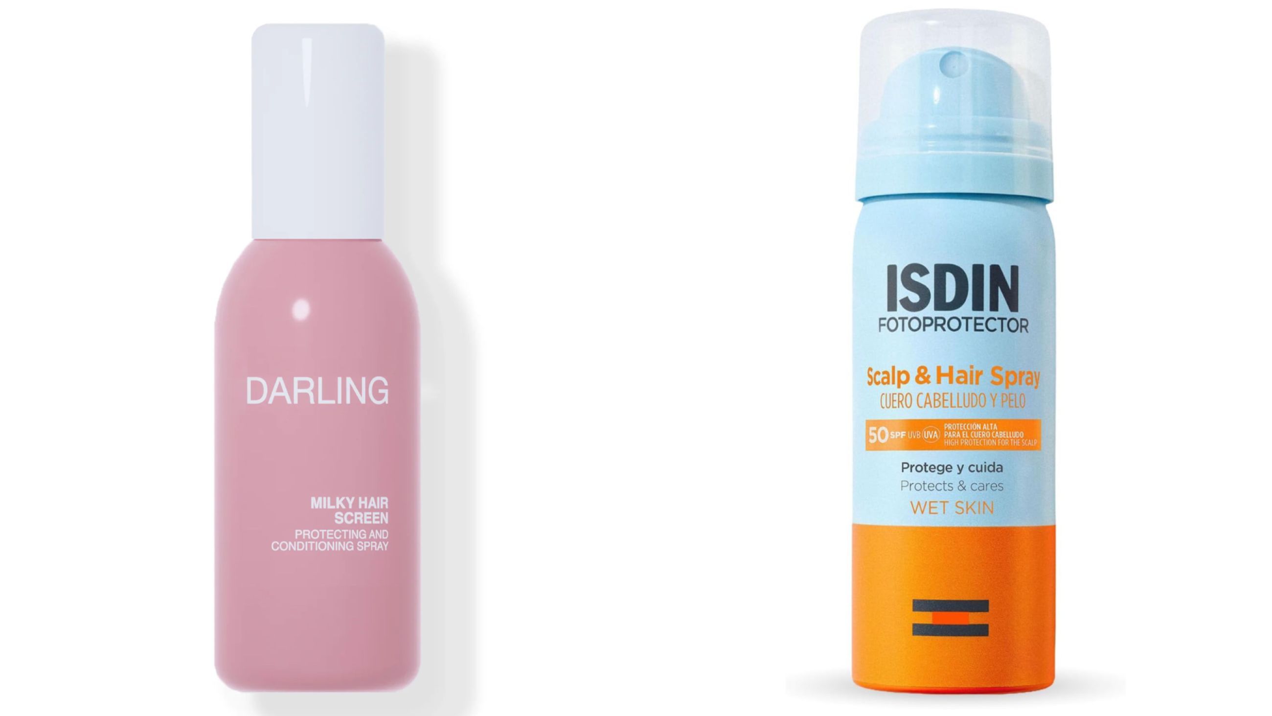 Da sinistra: Darling, Milky Hair Screen; ISDIN, Scalp & Hair Spray - Courtesy Brand/Press Office